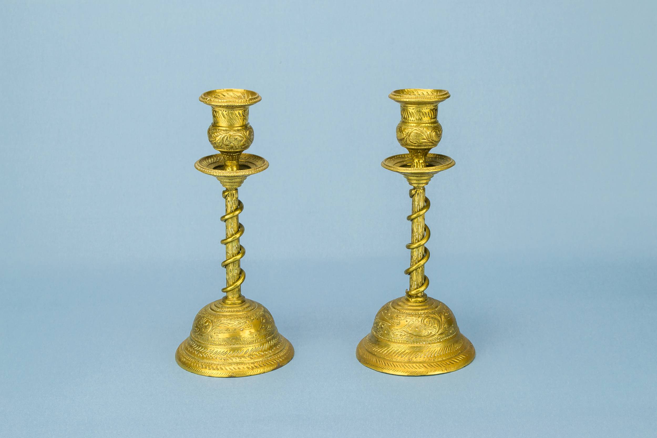 Brass Vintage Birds — 2 coiled brass candlesticks