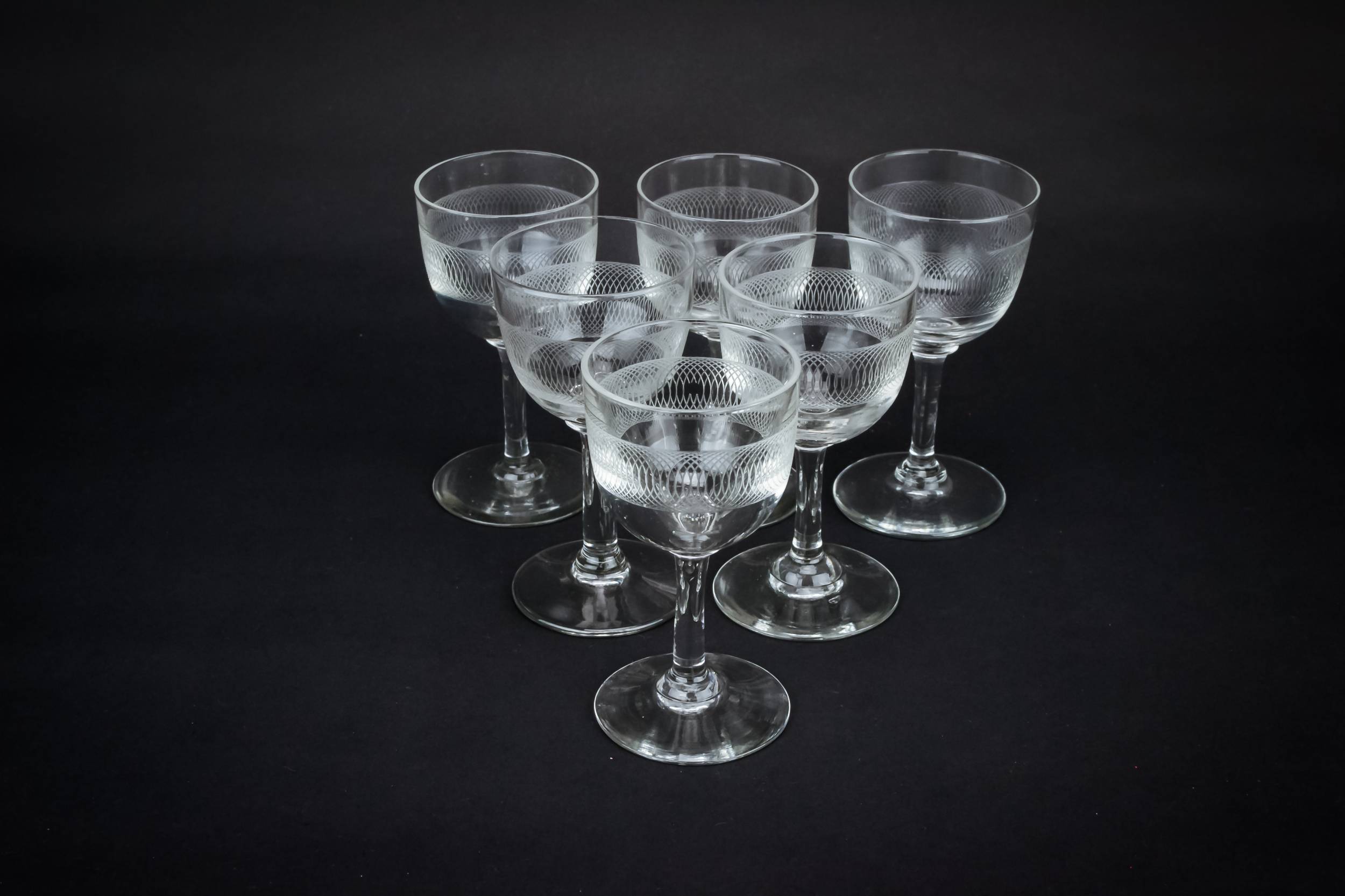 Clear Victorian Circles — 6 engraved sherry glasses