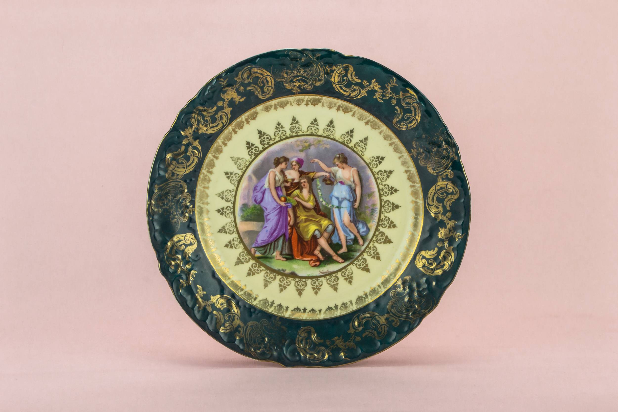 Porcelain Charming Figures — Green and gold cake plate