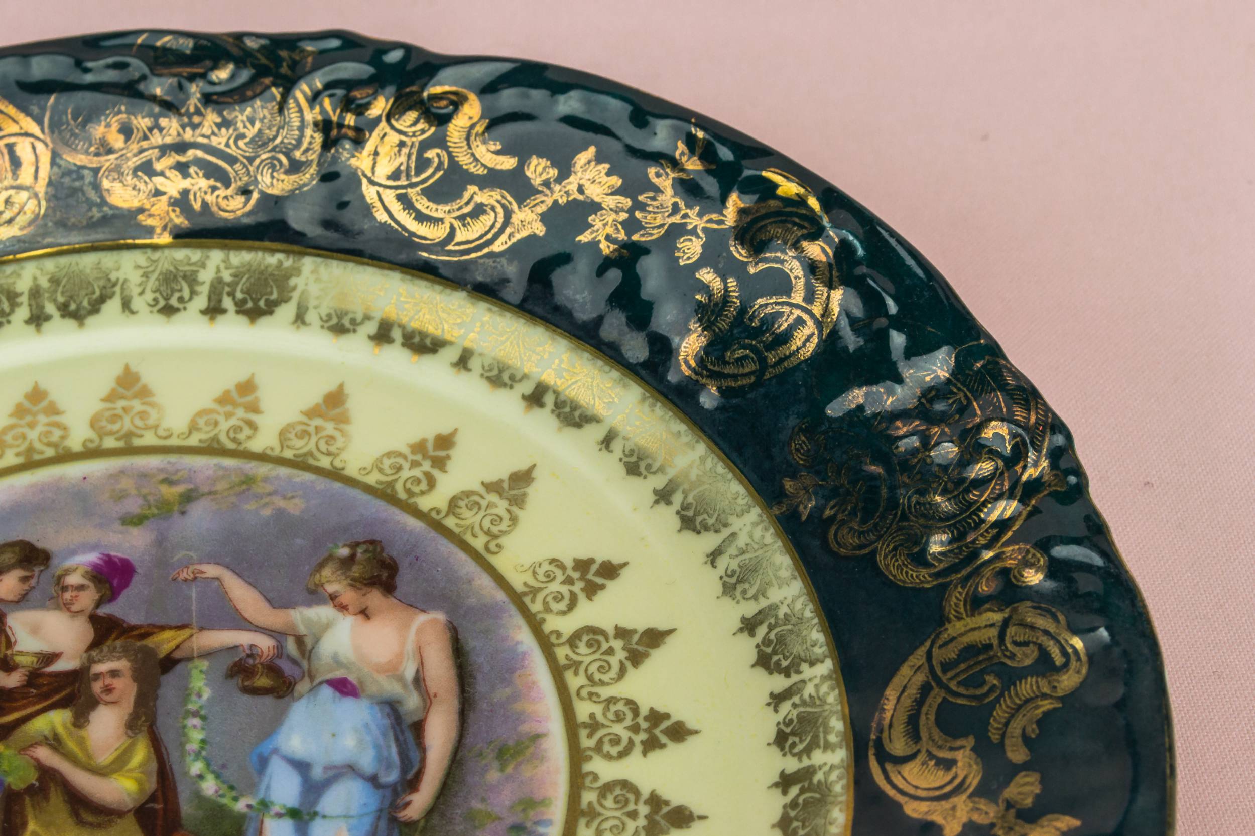 Porcelain Charming Figures — Green and gold cake plate 2
