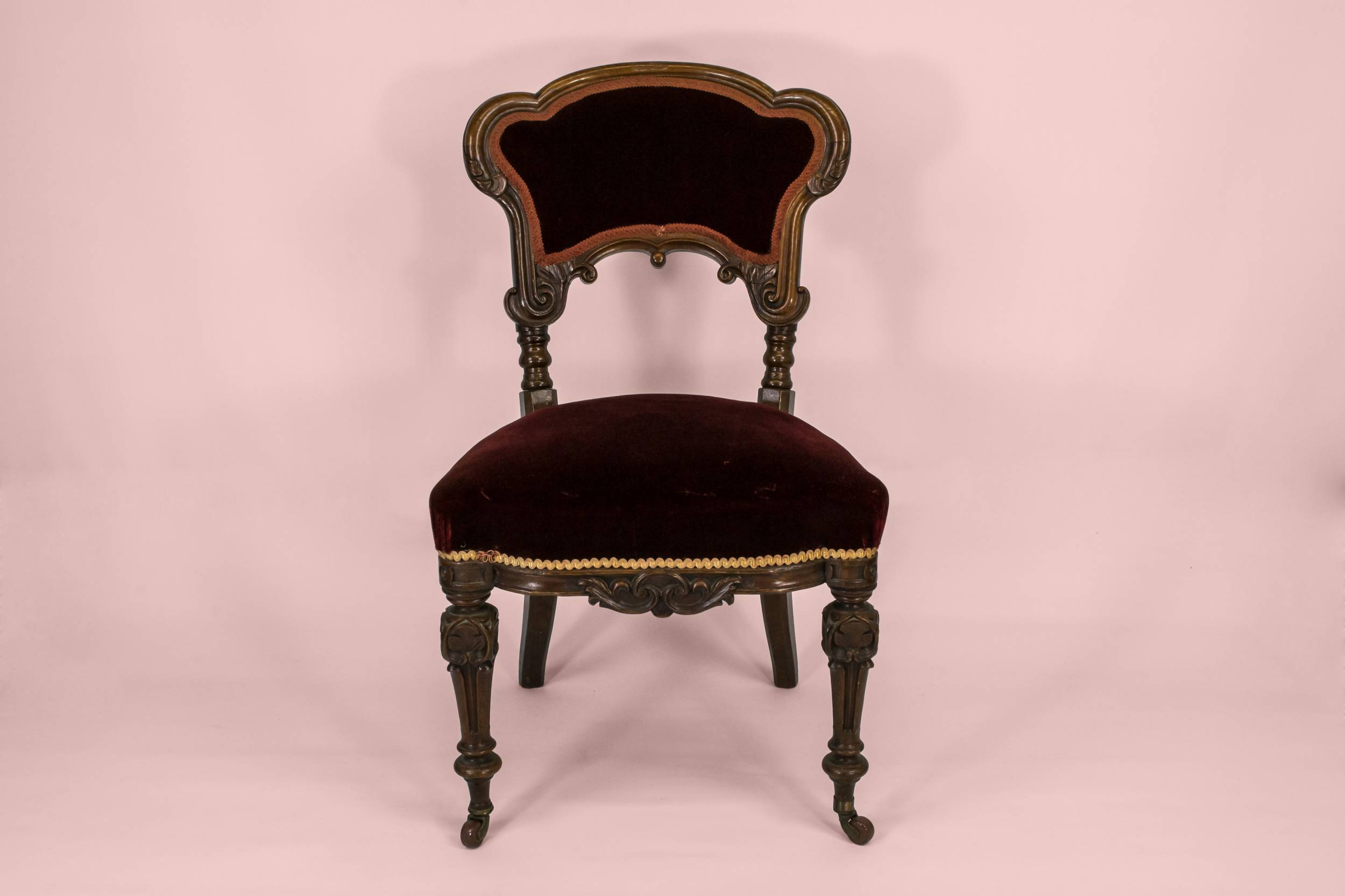 Antique Opulent Scrolls — 5 wine red dining chairs
