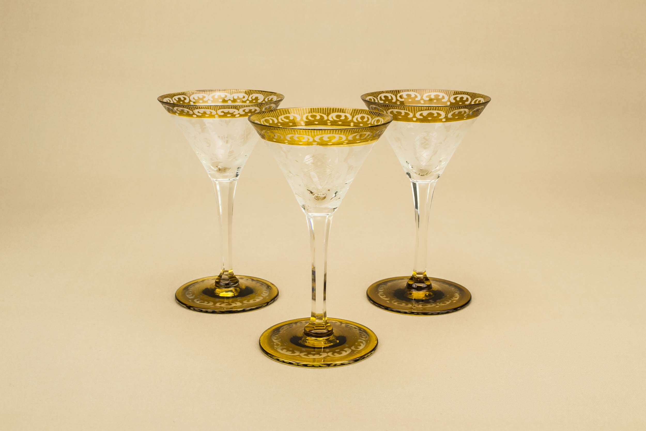 Amber Antique Landscape — 3 engraved stem glasses
