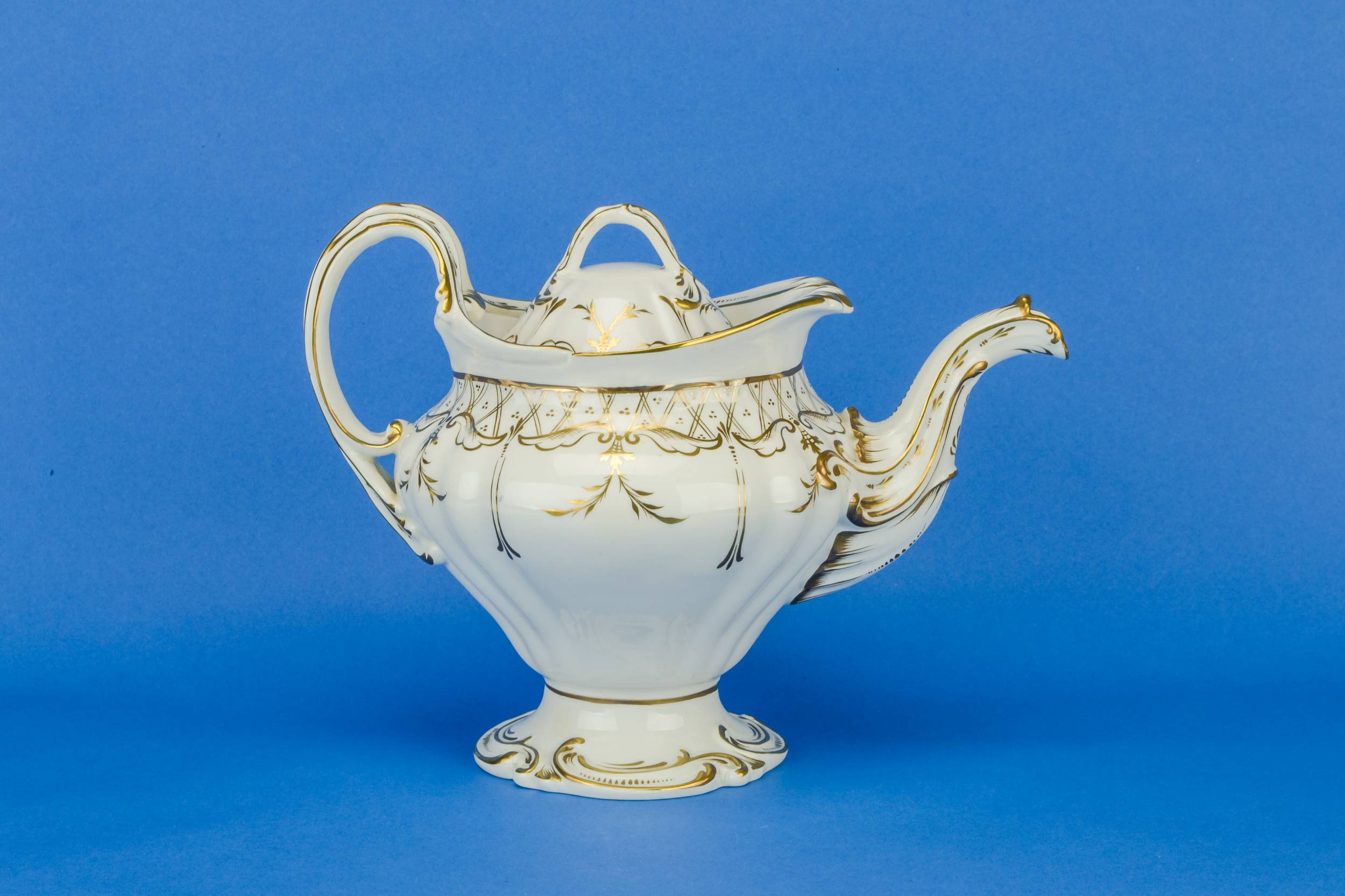 Antique Large Scrolls — Large gold and white teapot