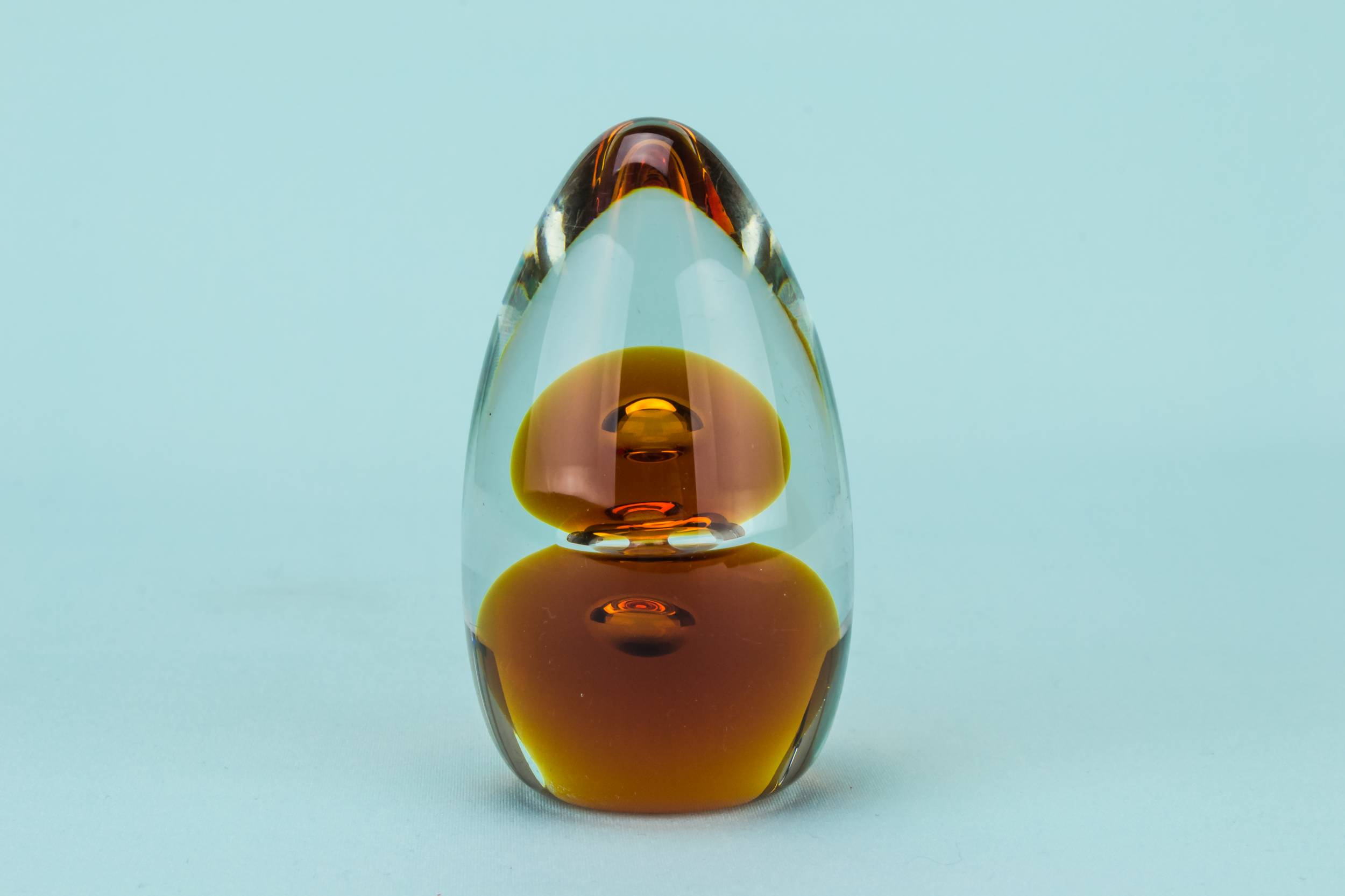 Vintage Modernist SCULPTURE — Amber glass egg paperweight