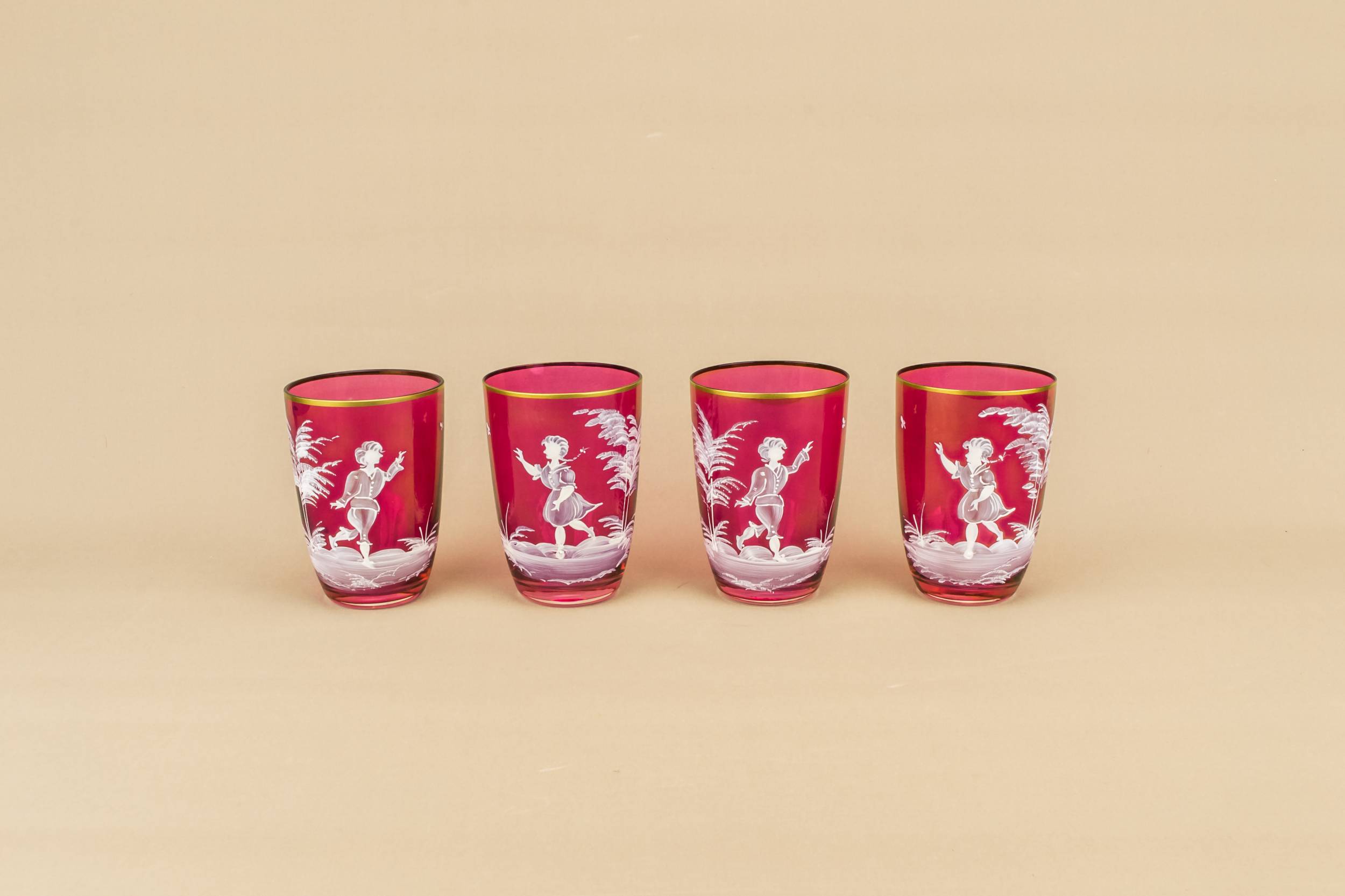 Red Vintage Figures — 4 cranberry glass tumblers