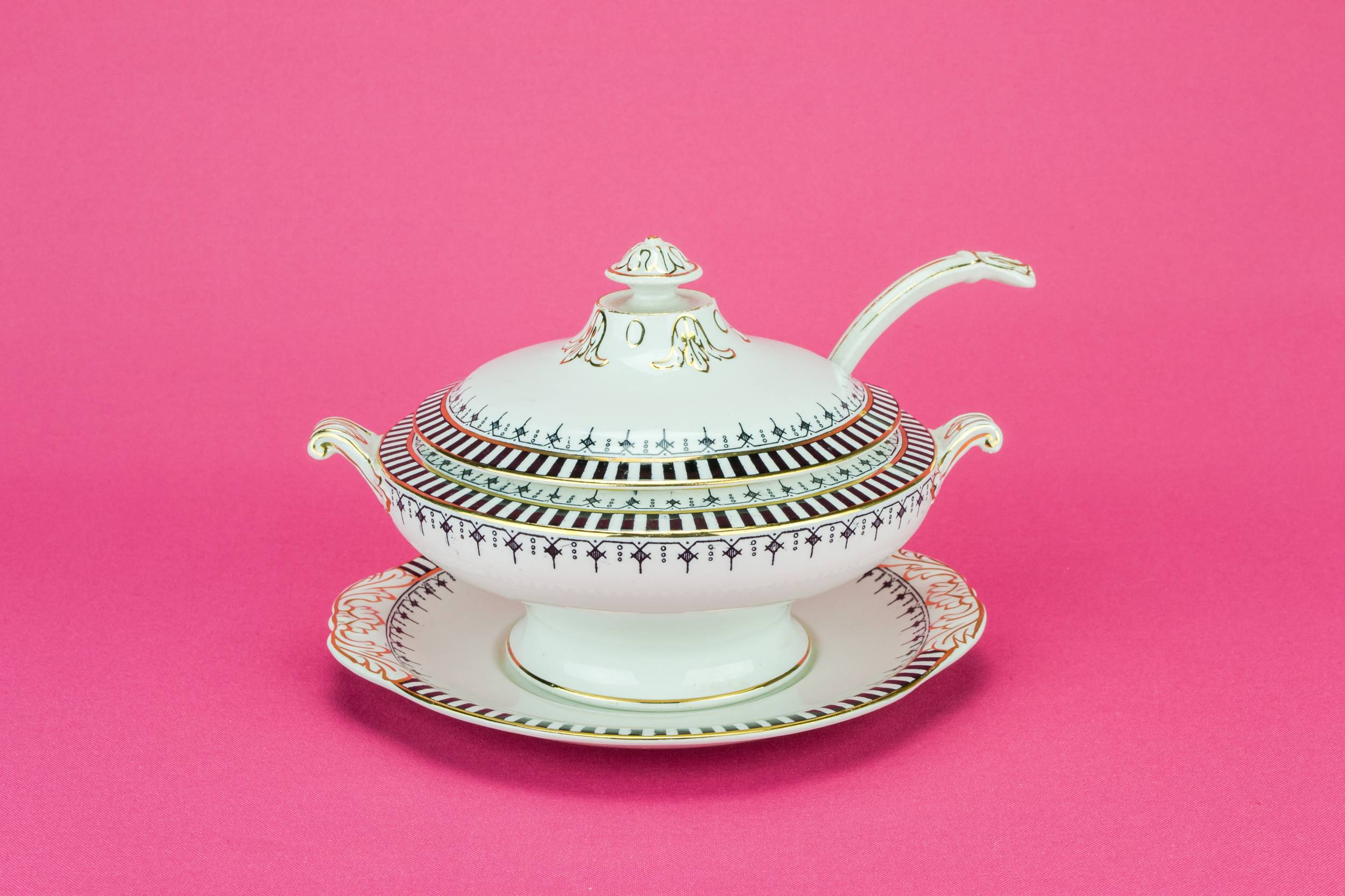 Spectacular Antique Geometric — Gravy tureen and ladle