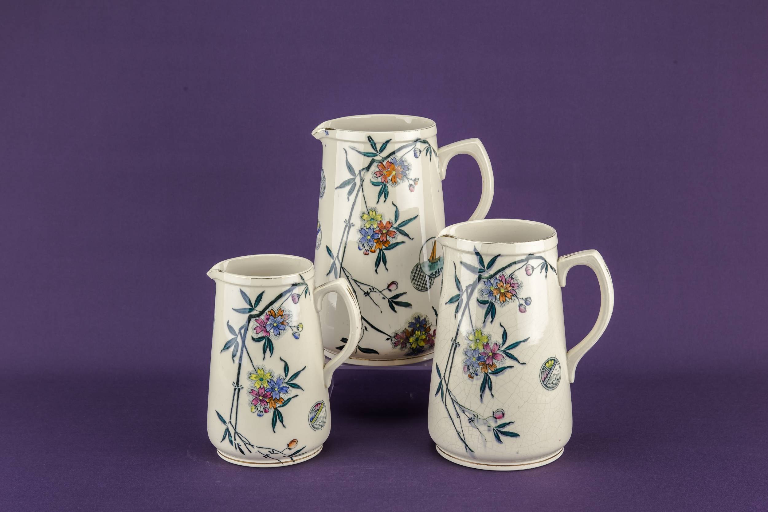 Aesthetic Movement Unusual — 3 floral ceramic jugs