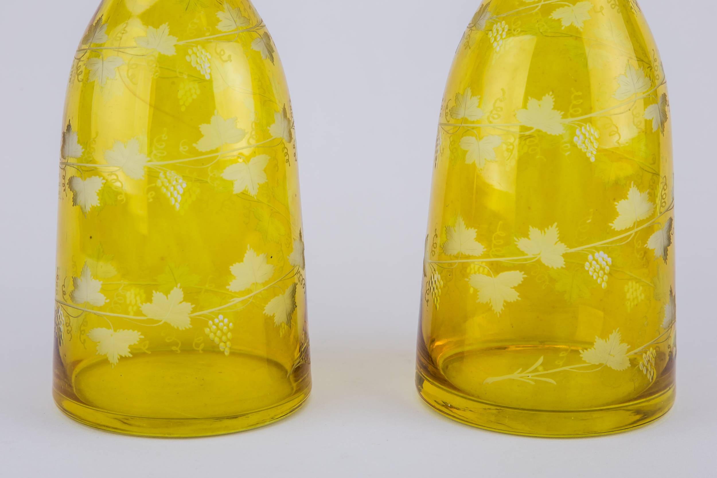 Tapered Wine Bottles — 2 yellow glass wine bottles 3