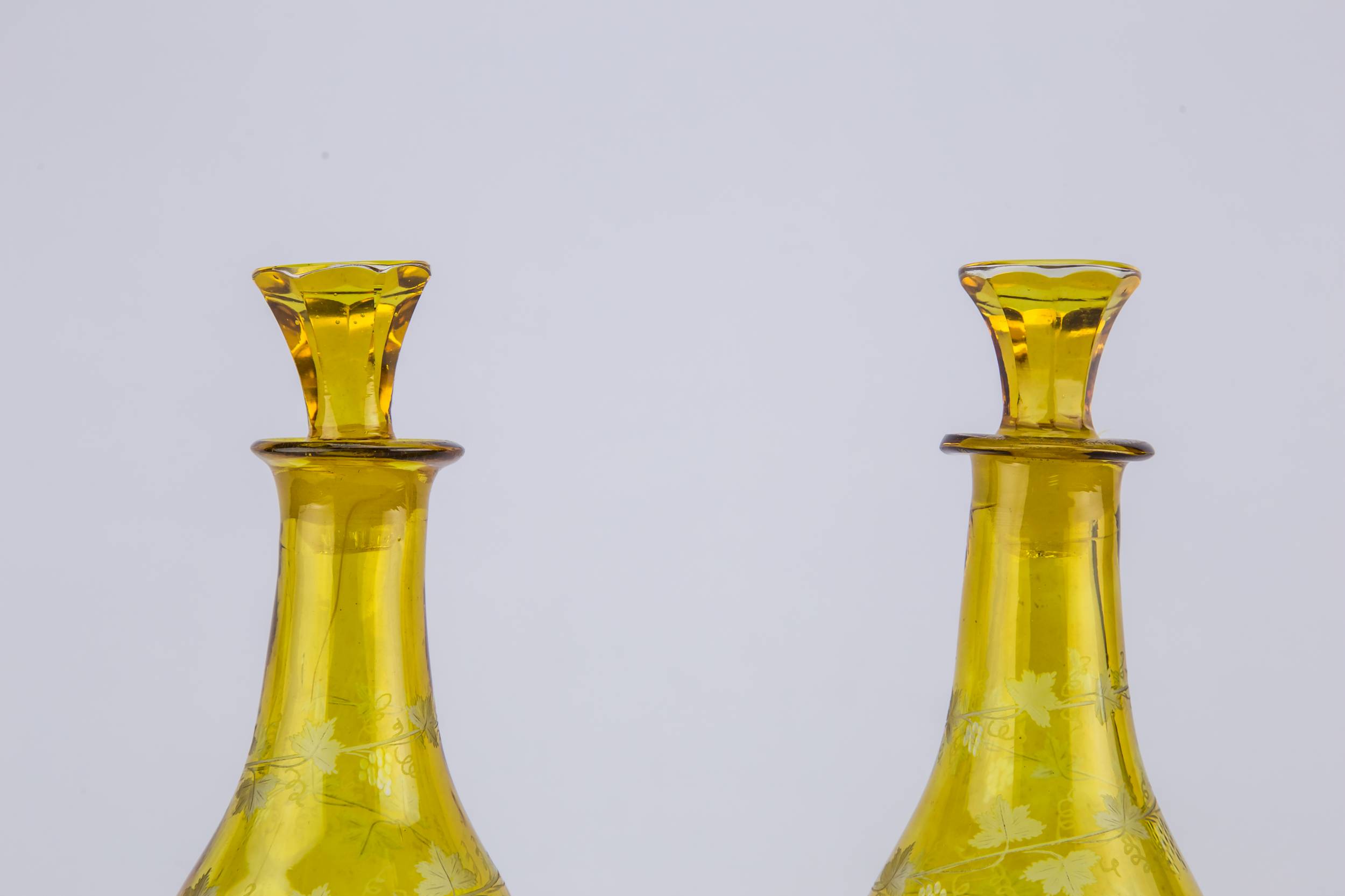 Tapered Wine Bottles — 2 yellow glass wine bottles 5