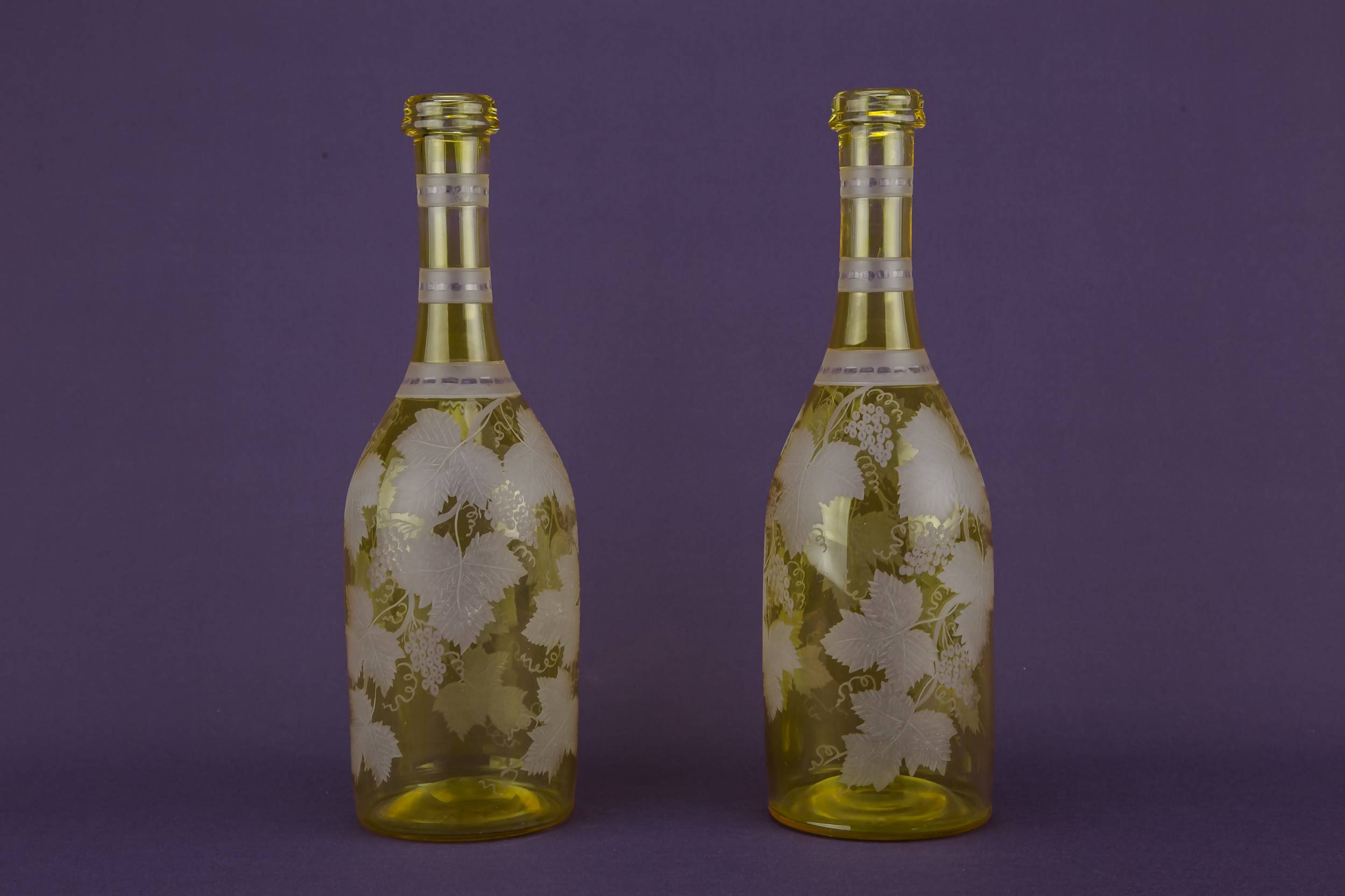 Yellow Engraved Glass — 2 yellow glass wine bottles