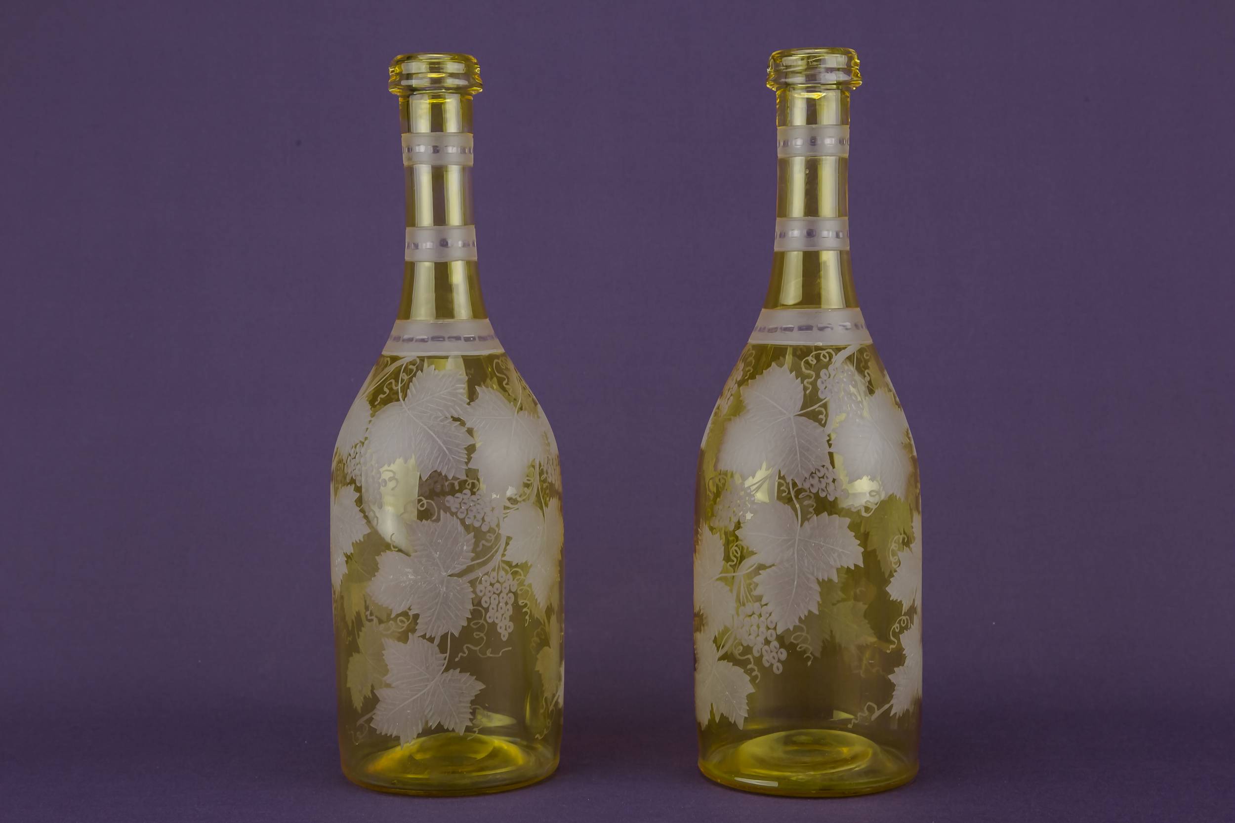 Yellow Engraved Glass — 2 yellow glass wine bottles 3