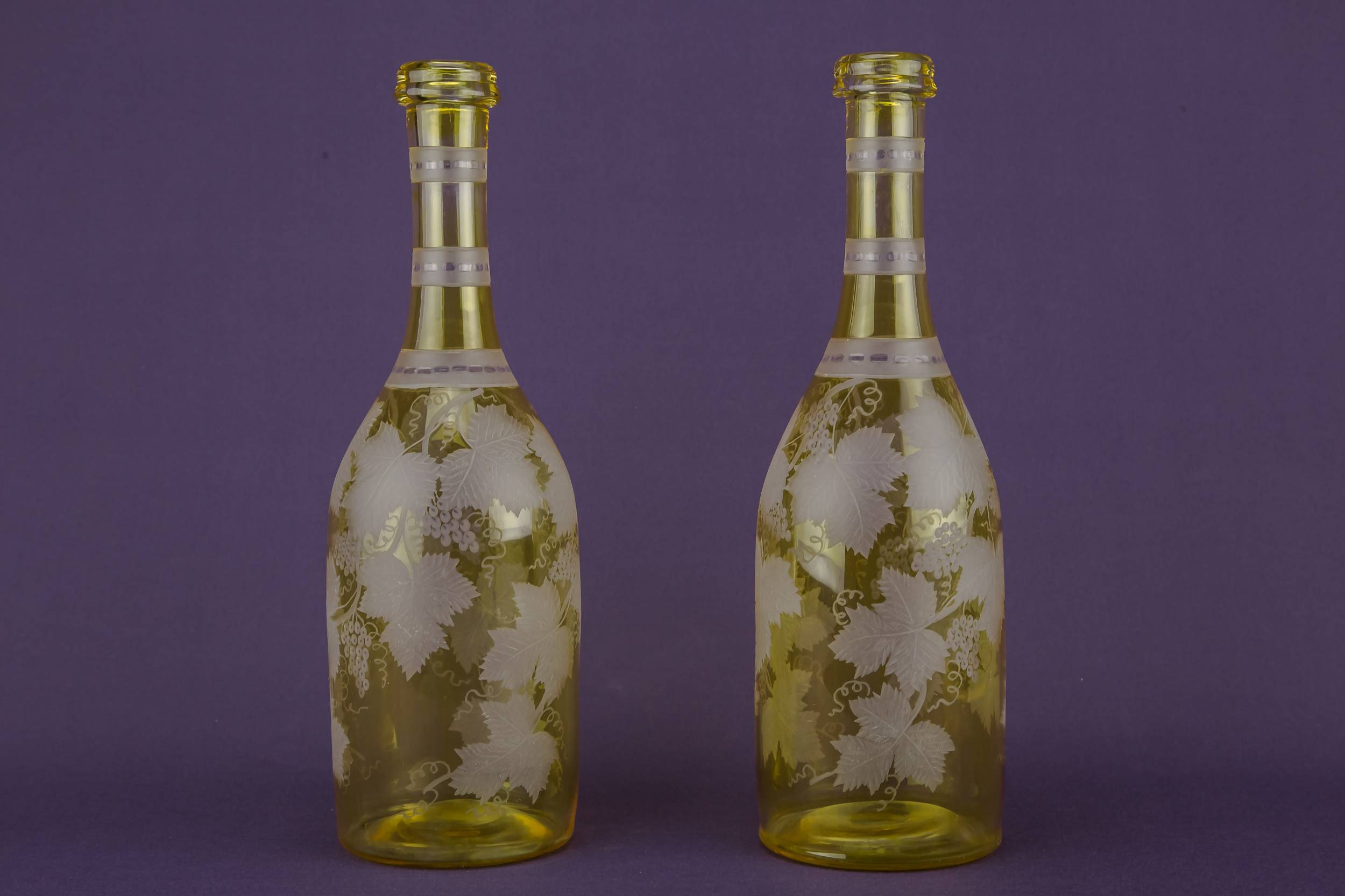 Yellow Engraved Glass — 2 yellow glass wine bottles 4