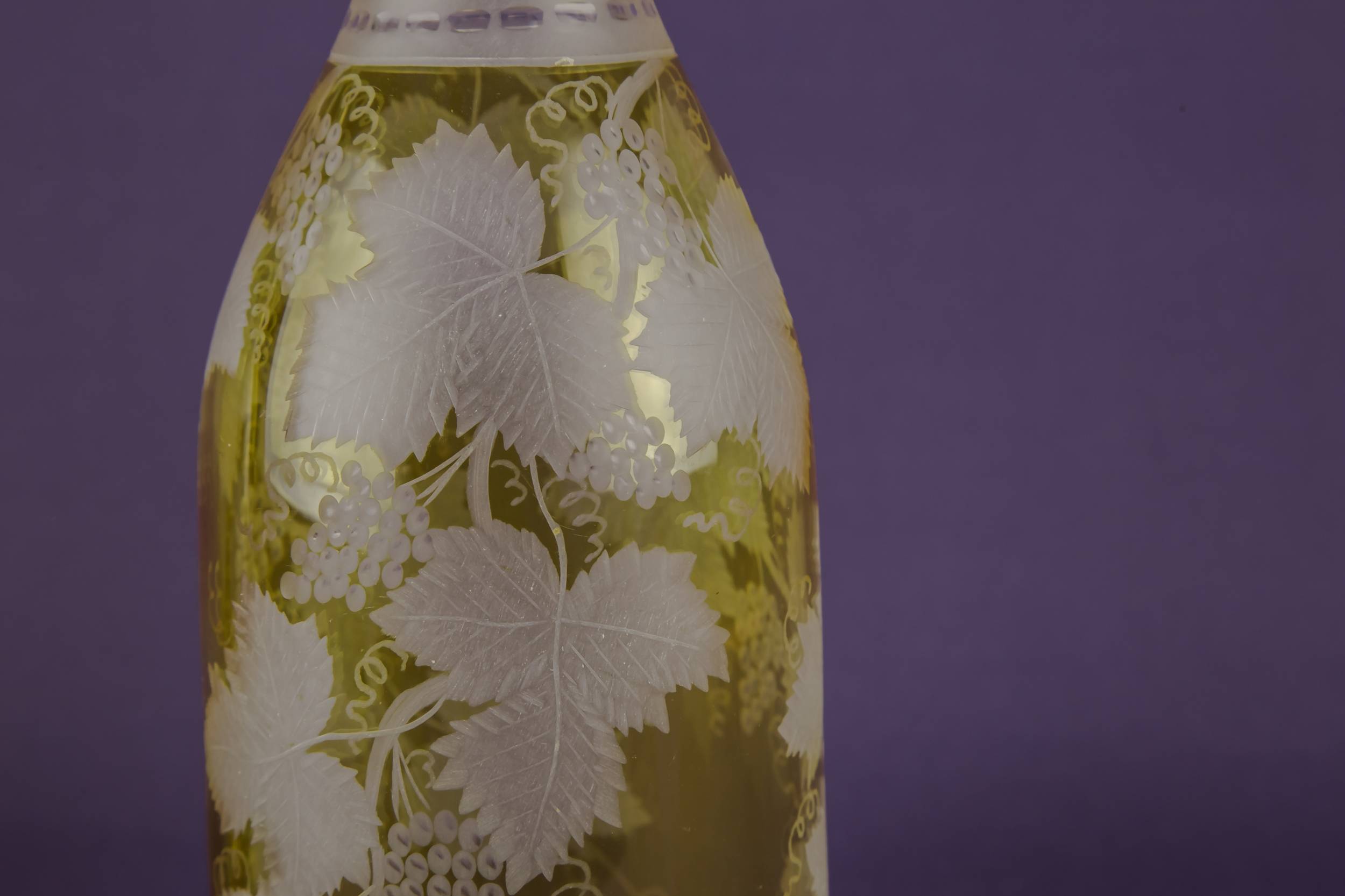 Yellow Engraved Glass — 2 yellow glass wine bottles 2