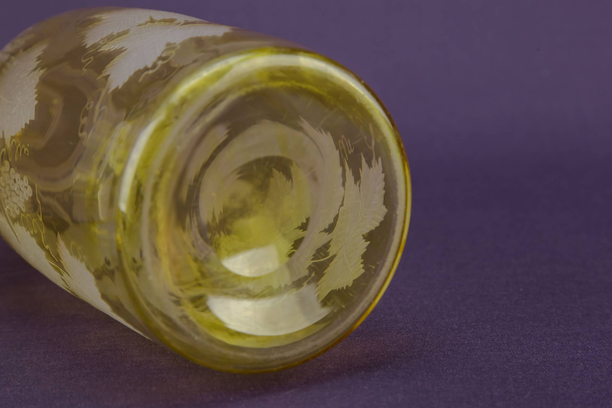 Yellow Engraved Glass — 2 yellow glass wine bottles 6