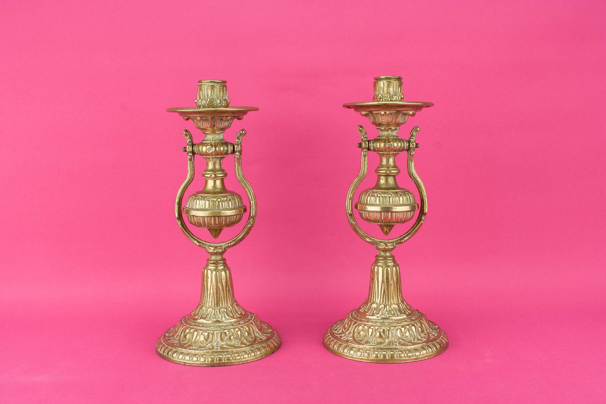 Arts Crafts Floral — 2 brass boat candlesticks