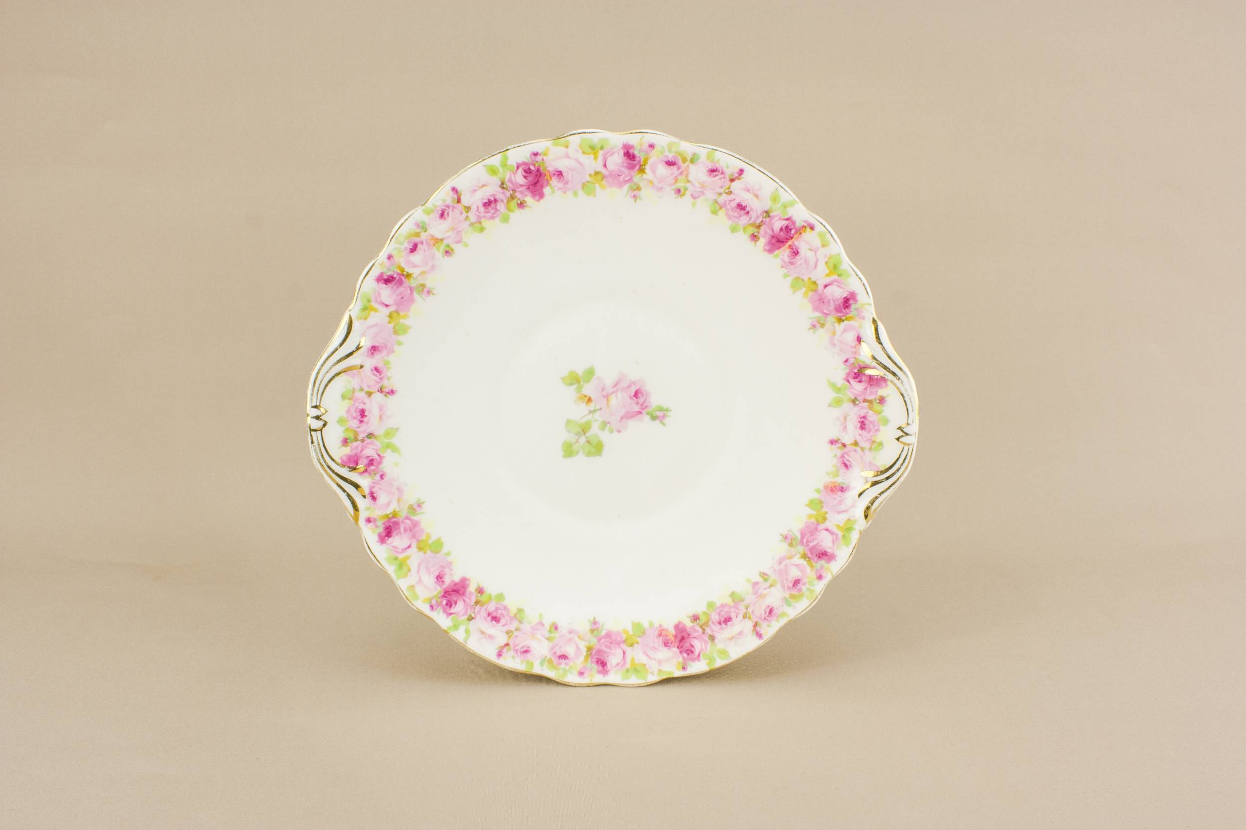 Antique Edwardian Pottery — Pink floral cake plate
