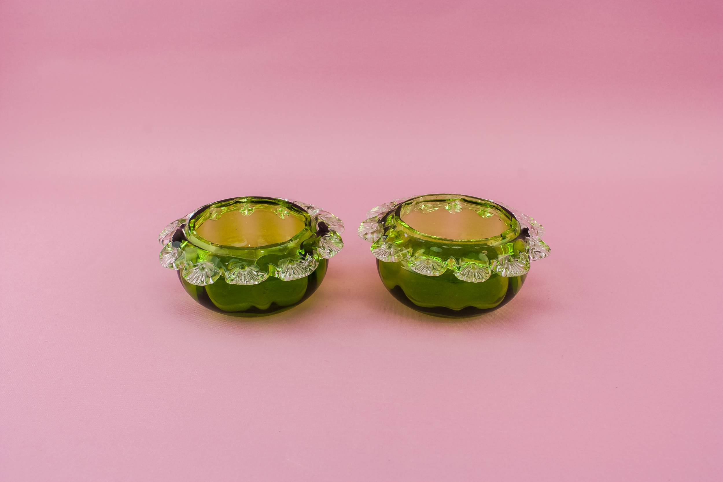 Green Glass Butter — 2 green glass butter bowls