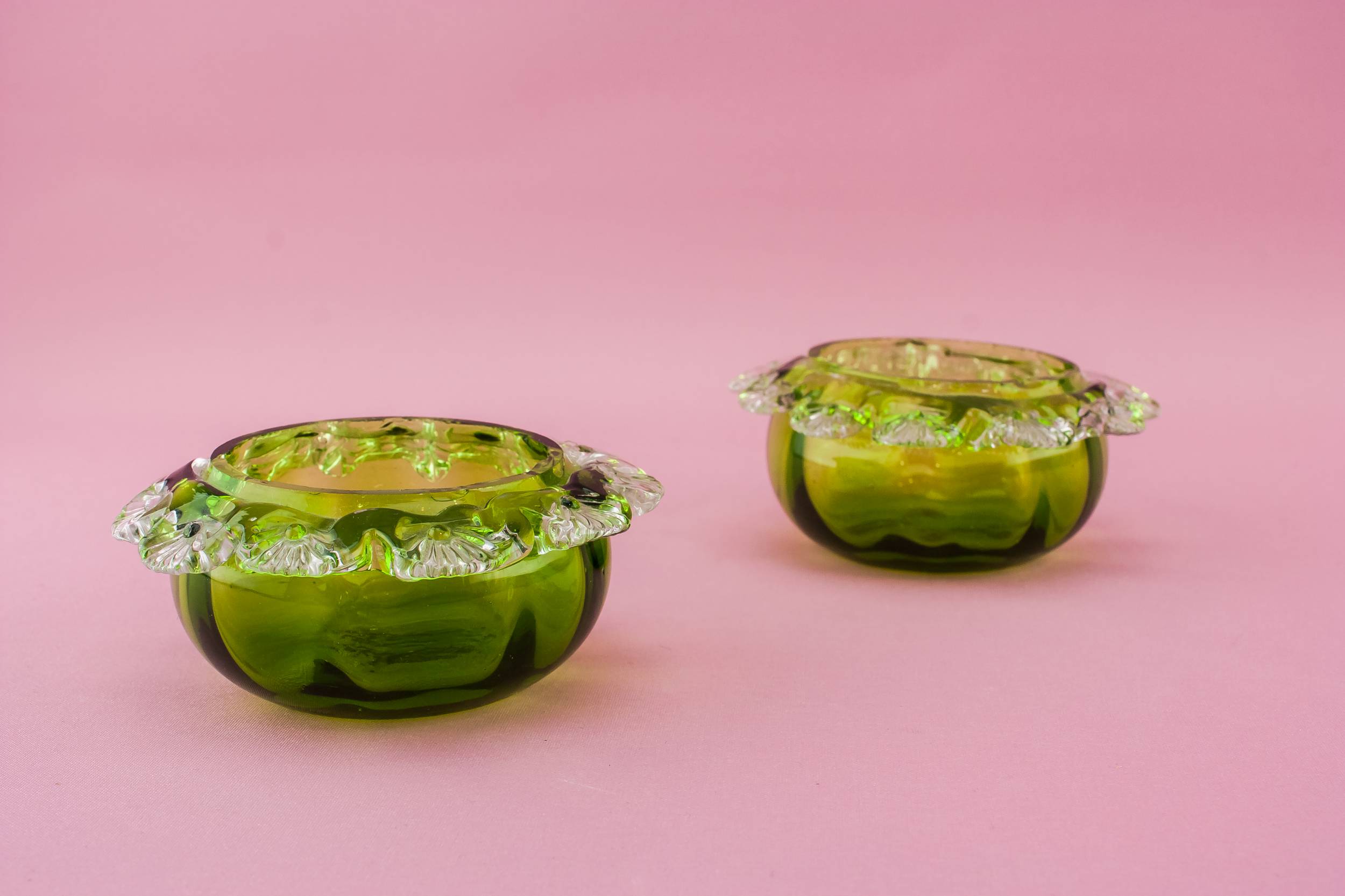 Green Glass Butter — 2 green glass butter bowls 1