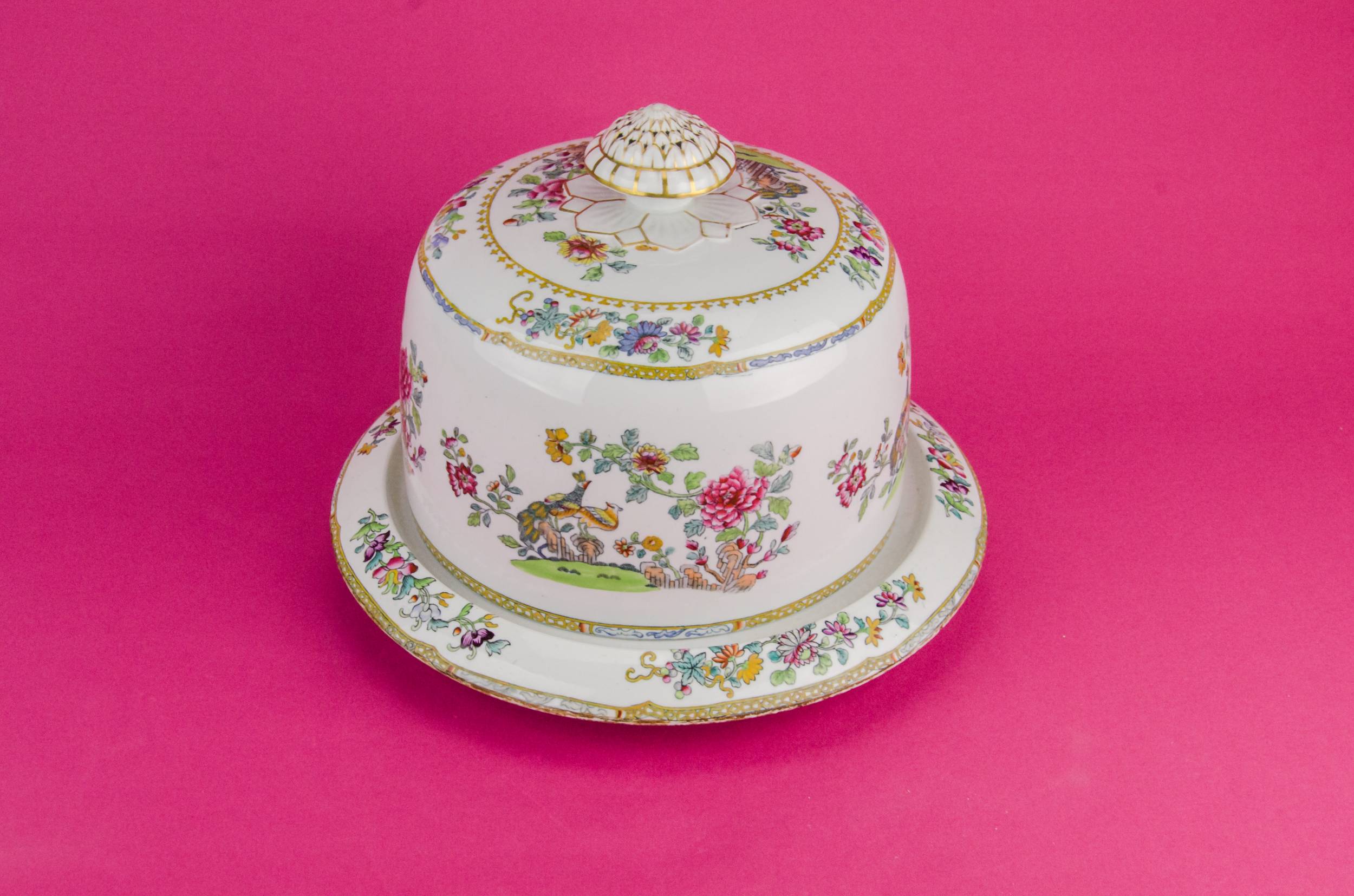 Antique Pottery Floral — Large cheese dish