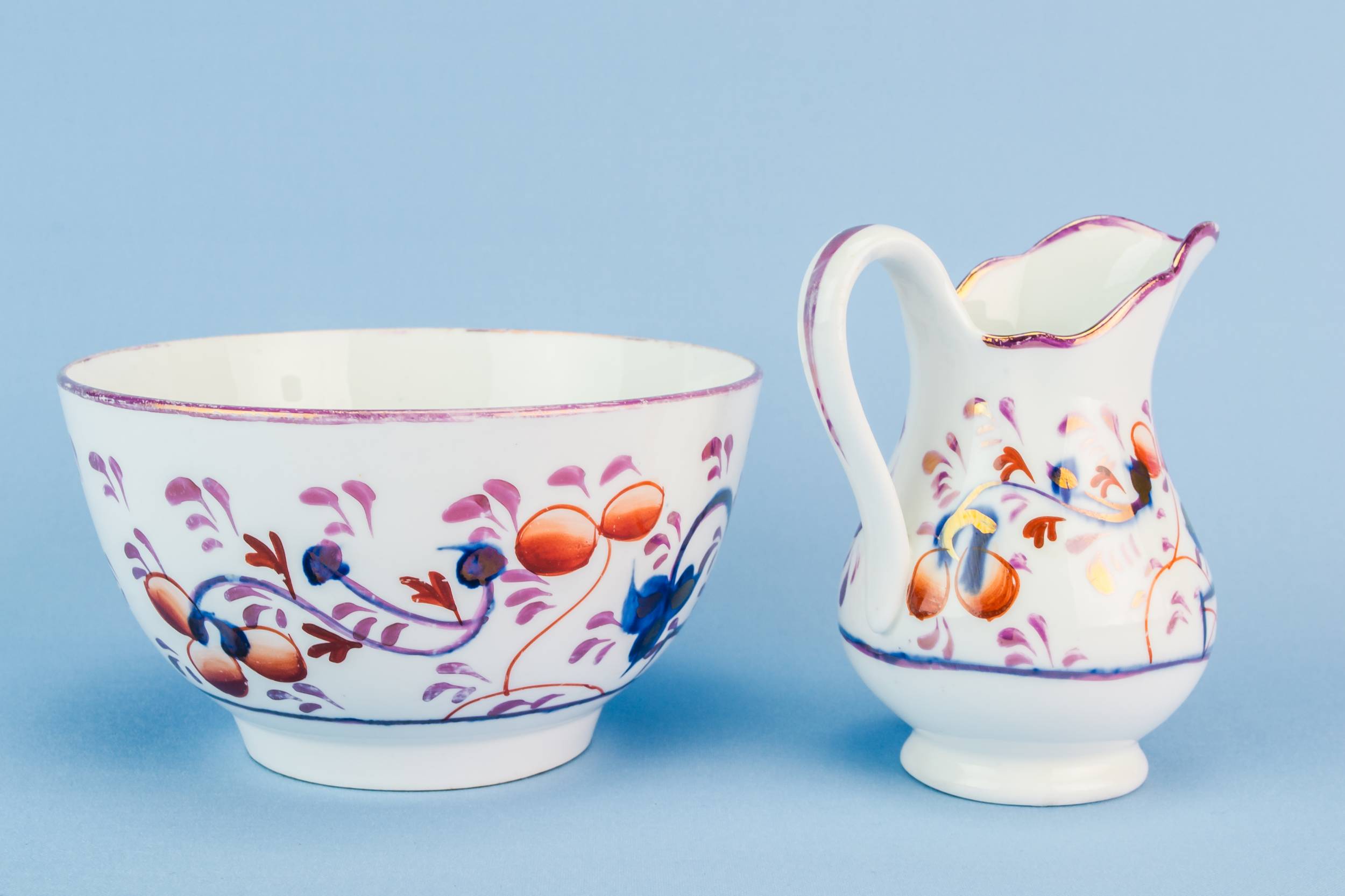 Antique Charming Milk — Gaudy Welsh creamer and bowl 1