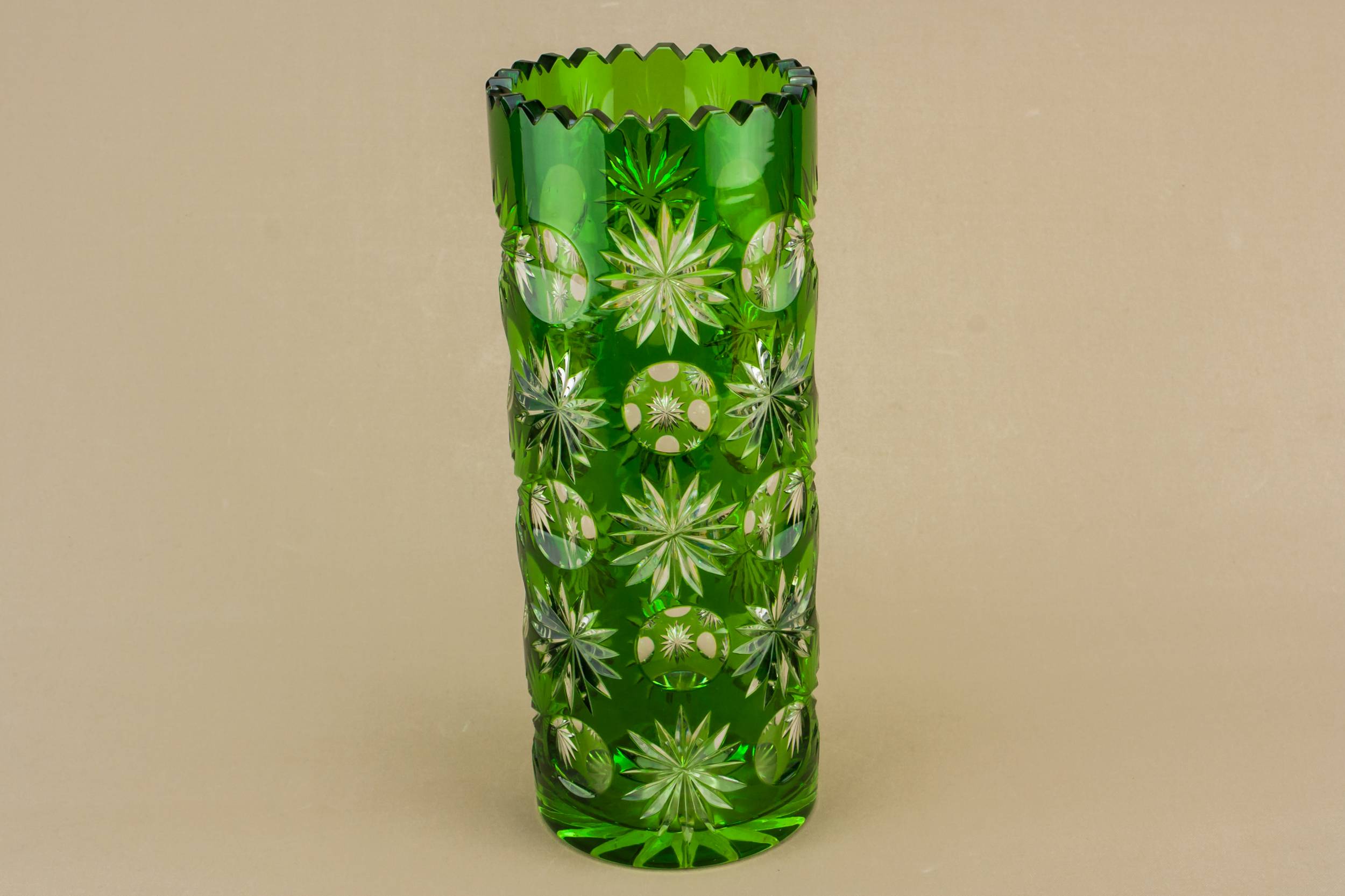 Elegant Vintage VASE — Green cut glass vase