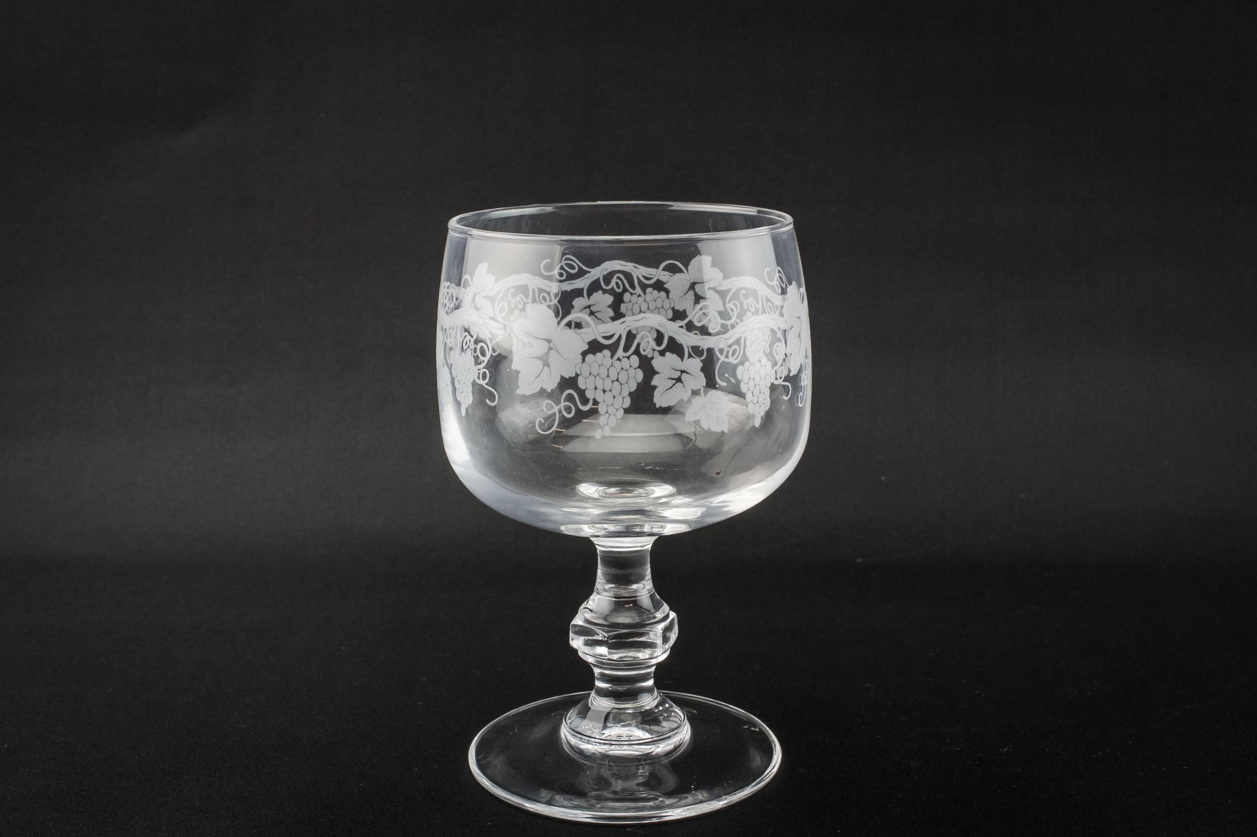 Crystal Moulded Grapes — 9 etched wine glasses