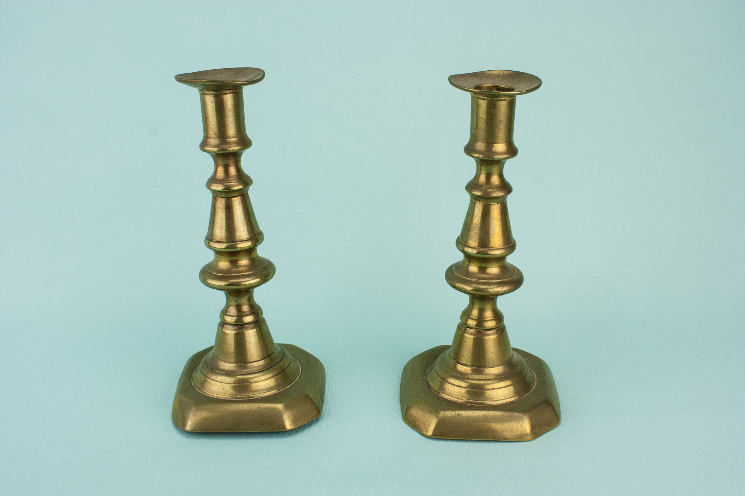 Rustic Antique Bobbins — 2 brass medium candlesticks