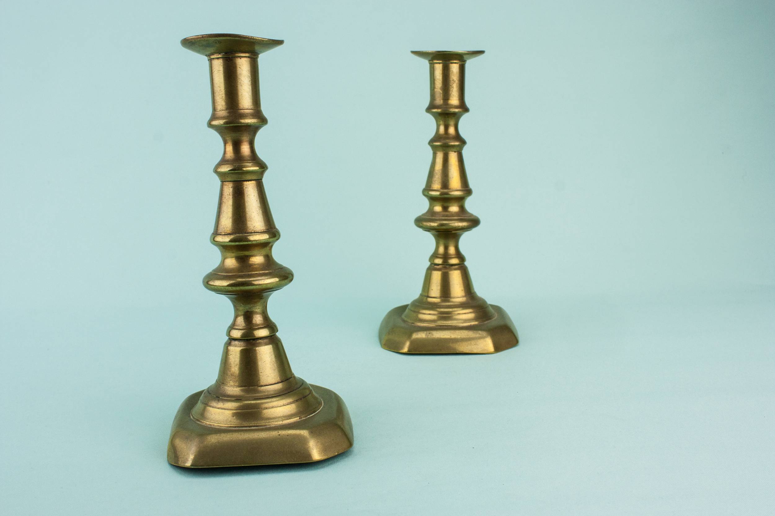 Rustic Antique Bobbins — 2 brass medium candlesticks 1