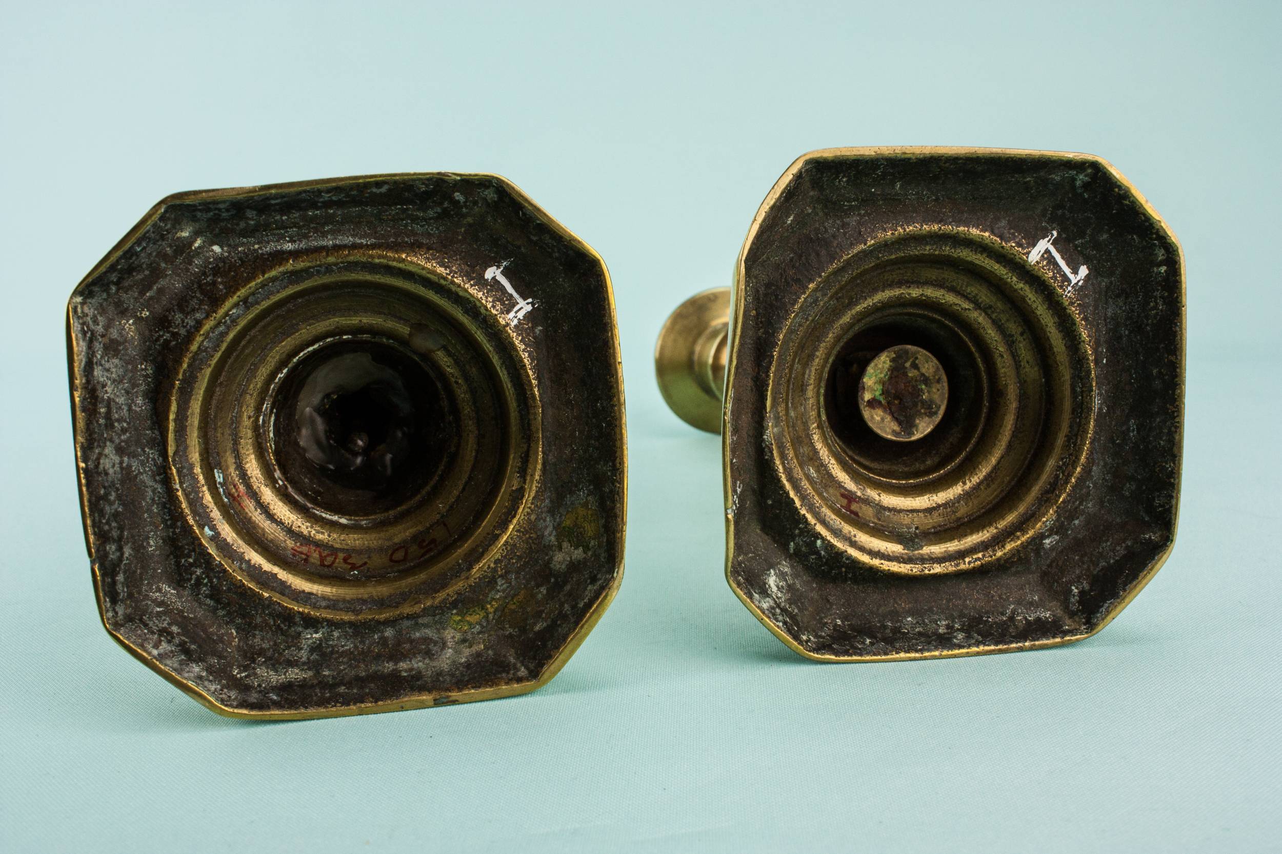 Rustic Antique Bobbins — 2 brass medium candlesticks 4