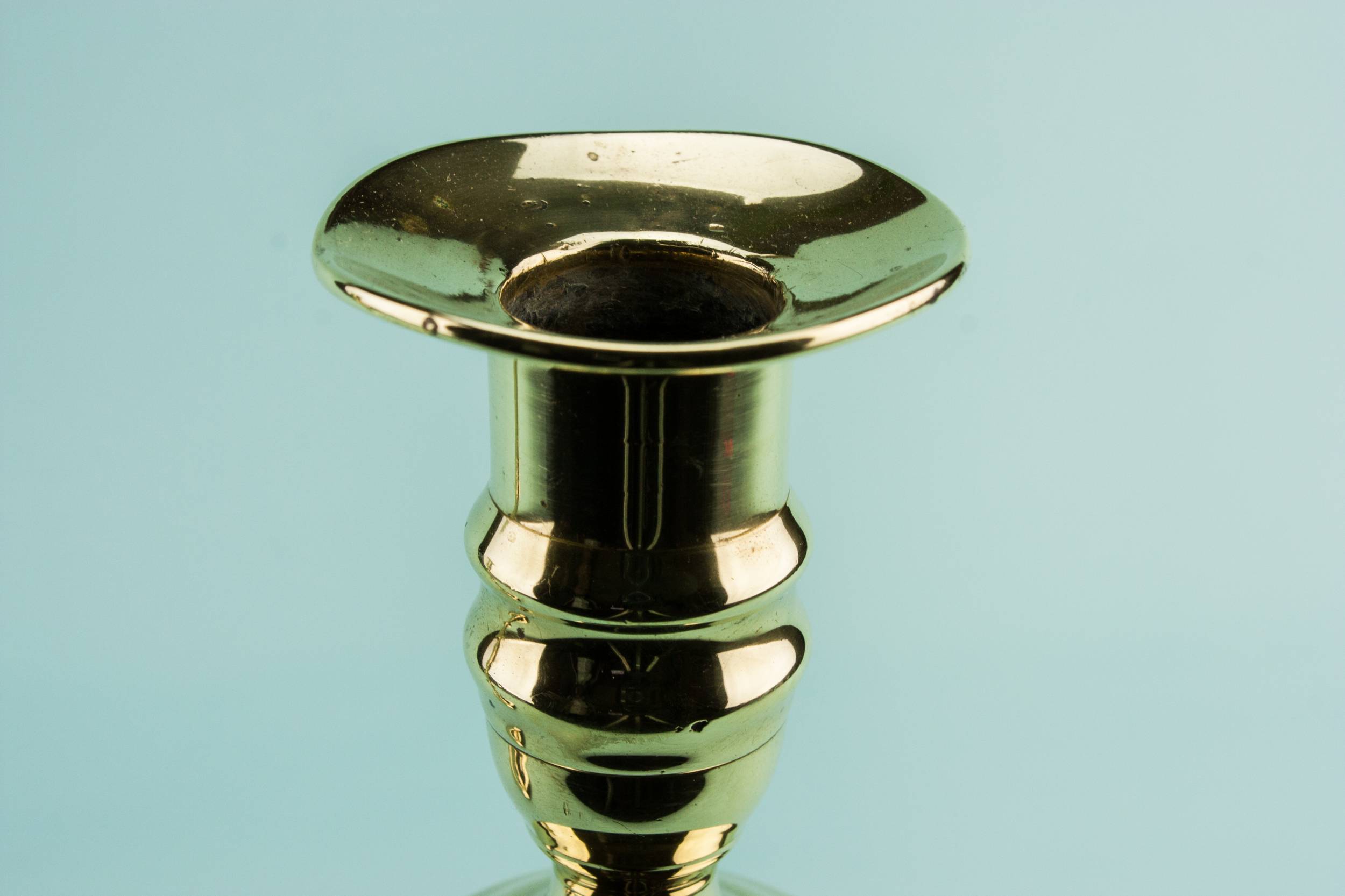 Brass Antique Bobbins — 2 brass tall candlesticks 1