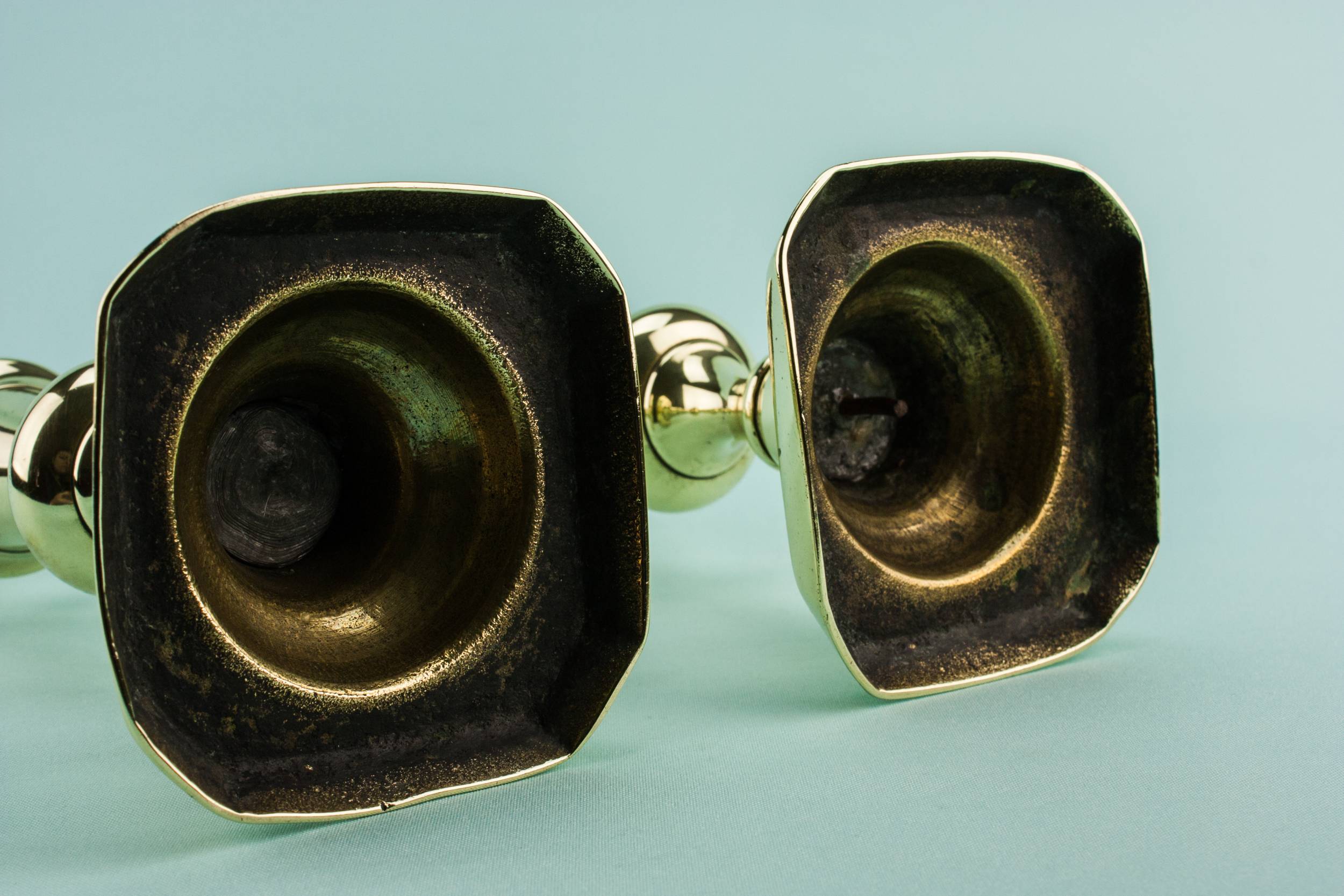 Brass Antique Bobbins — 2 brass tall candlesticks 3