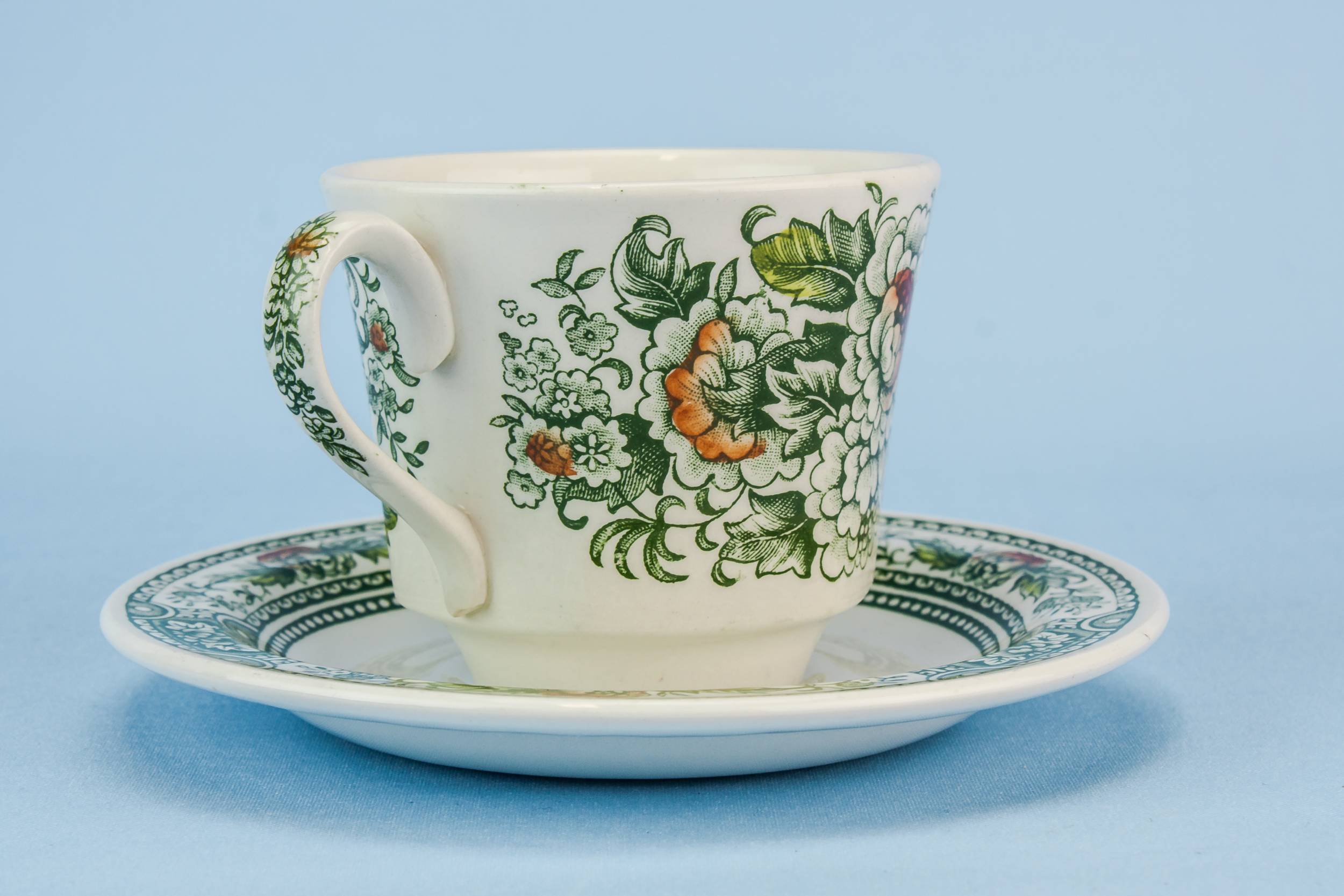 Pottery Modernist Cup — Green teacup and saucer 1