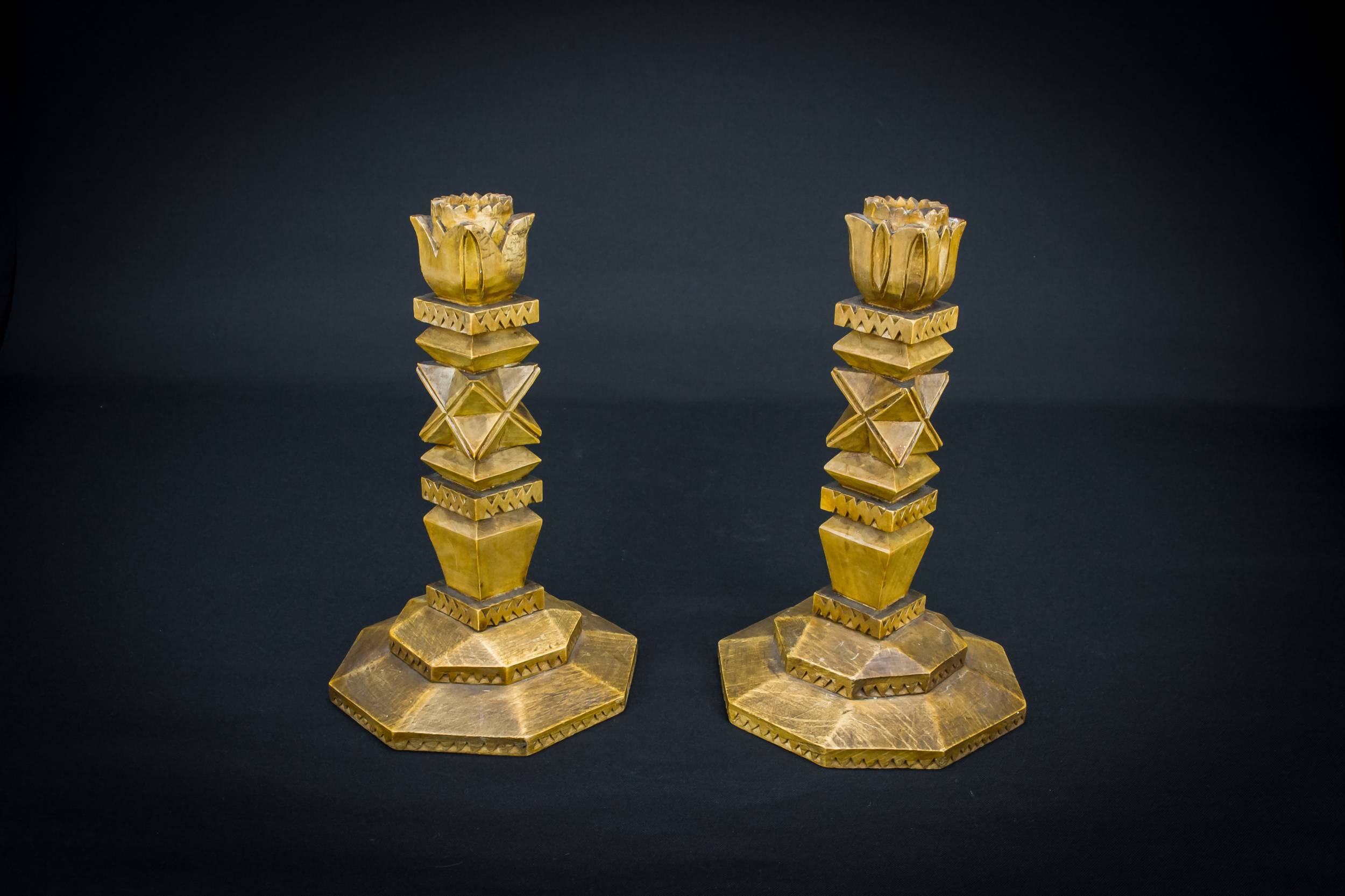 Retro Wood Geometric — 2 Folk Art candlesticks
