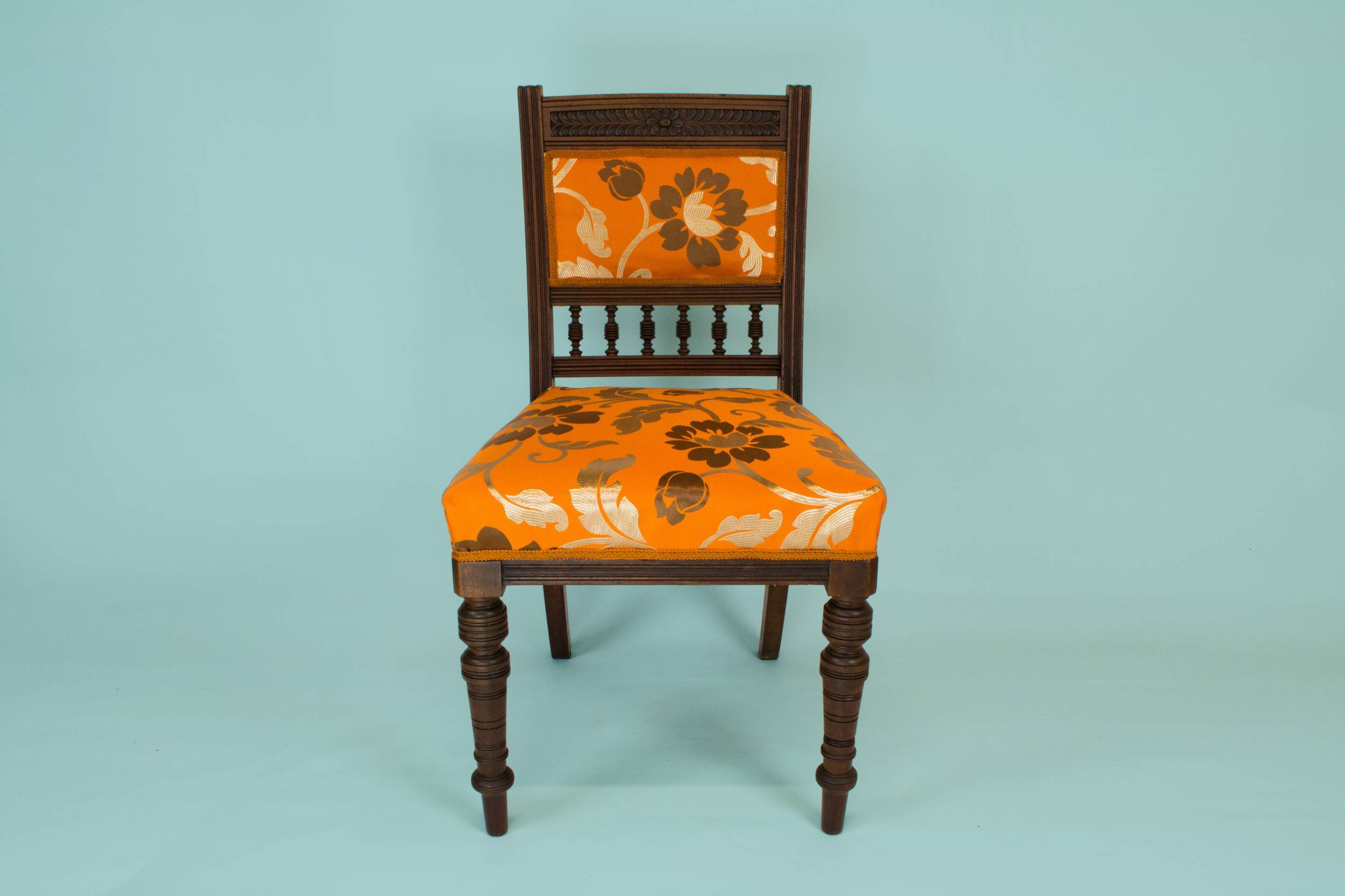 Antique Carved Oak — 4 orange oak dining chairs