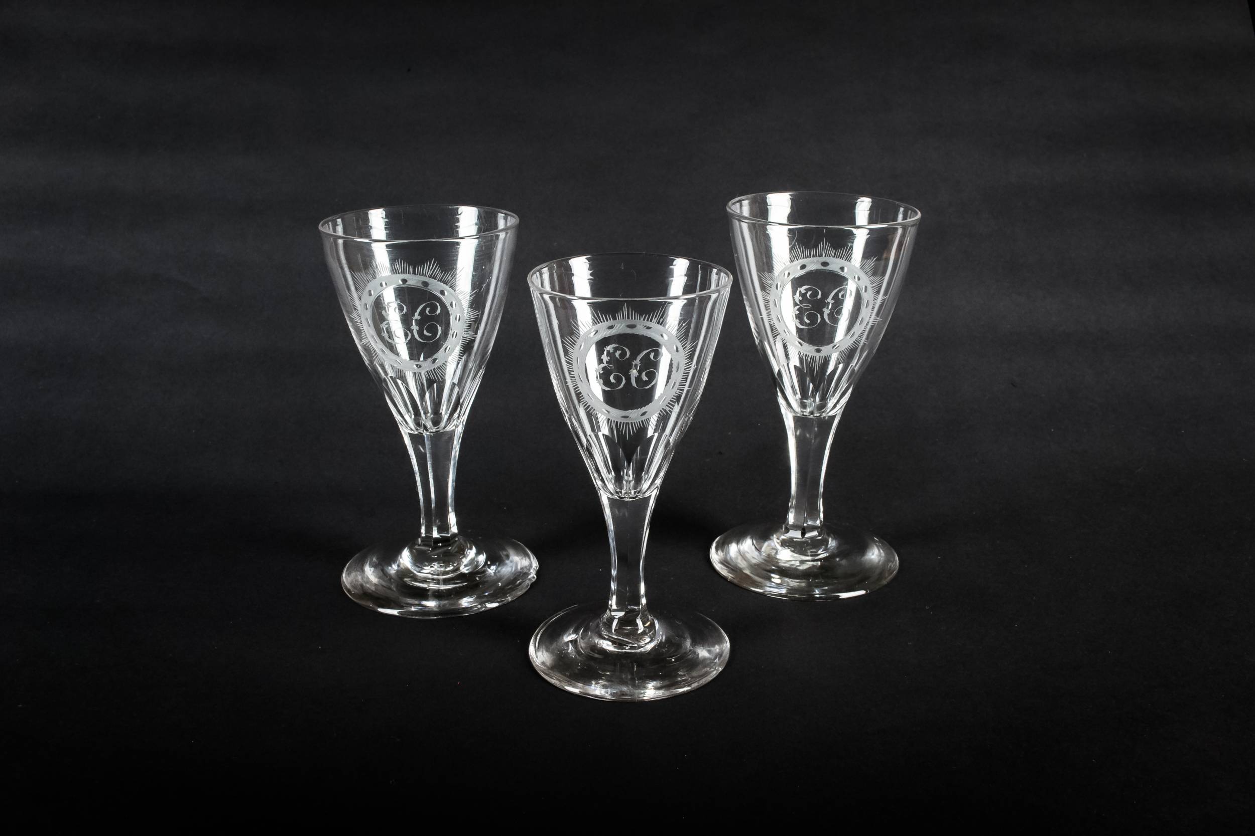 Georgian Antique Panelled — 3 cut stem wine glasses
