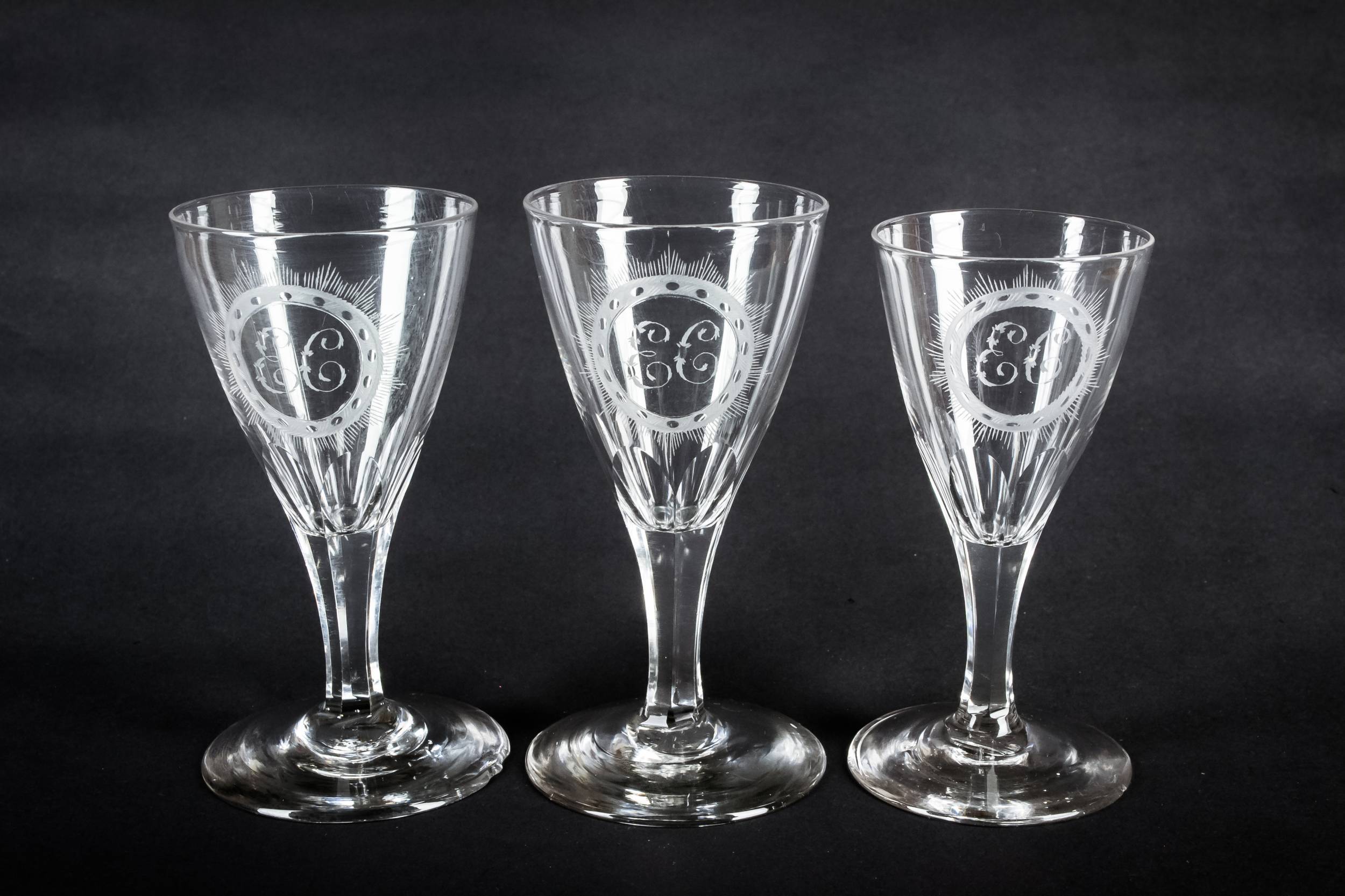 Georgian Antique Panelled — 3 cut stem wine glasses 2