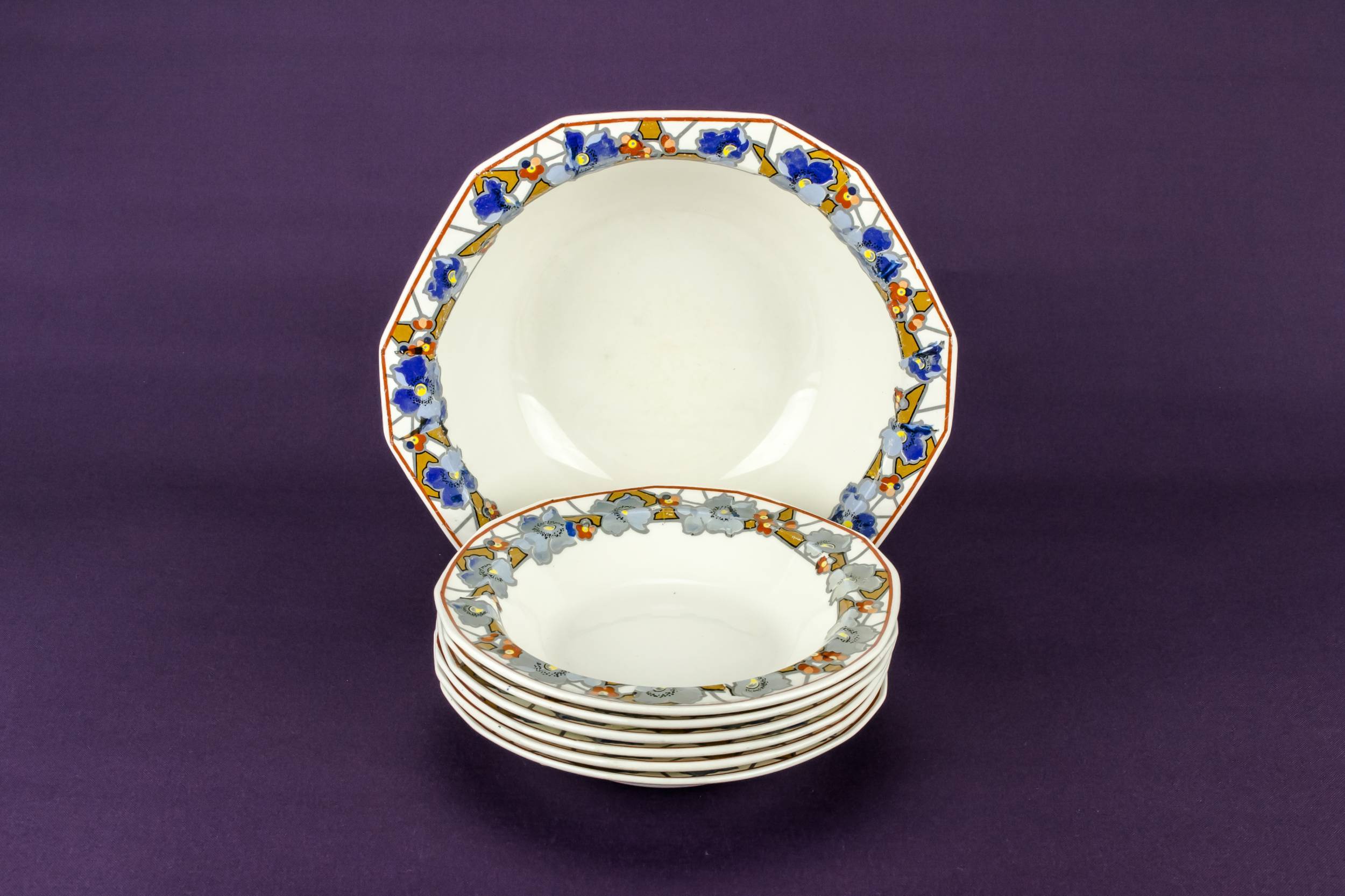 Ceramic Blue Floral — Set of 7 dessert bowls