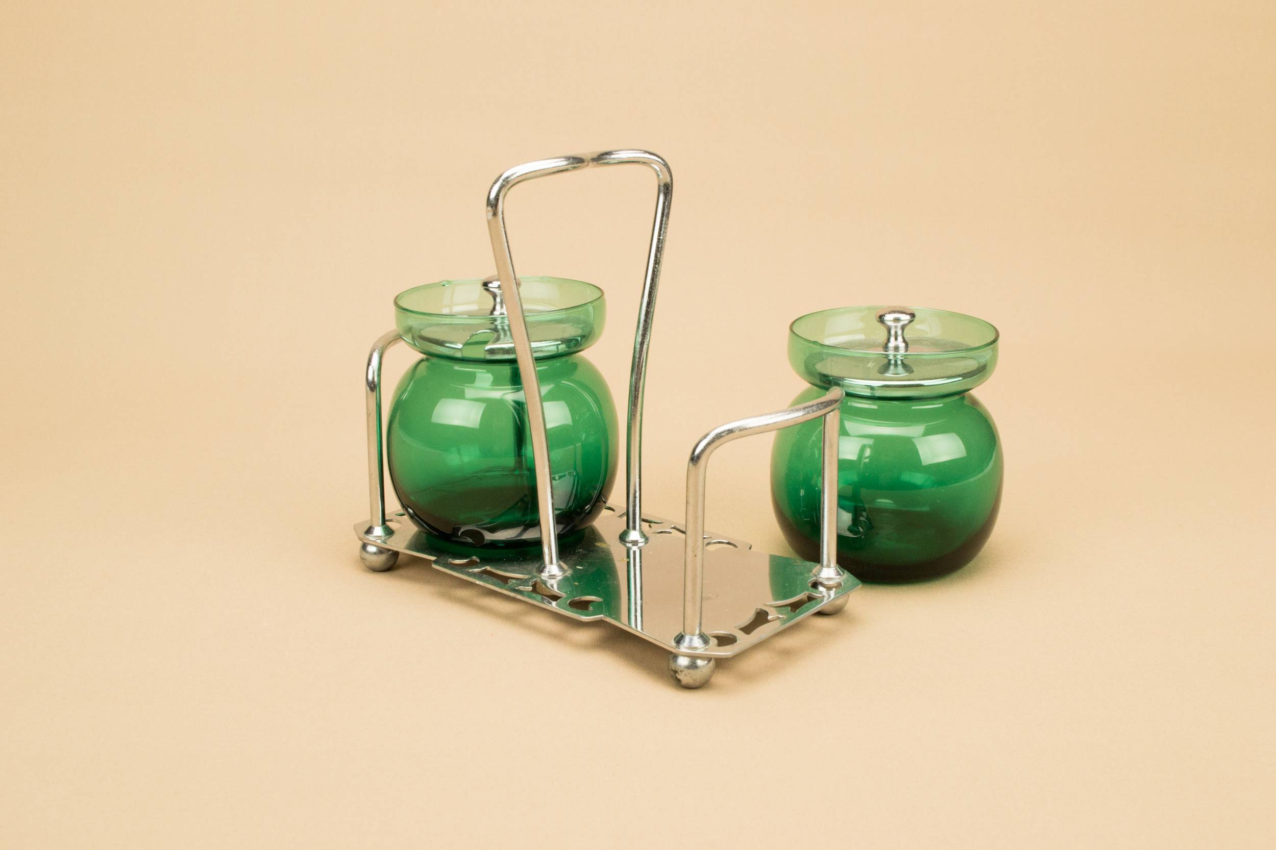 Glass Metal Vintage — Green glass condiments 1