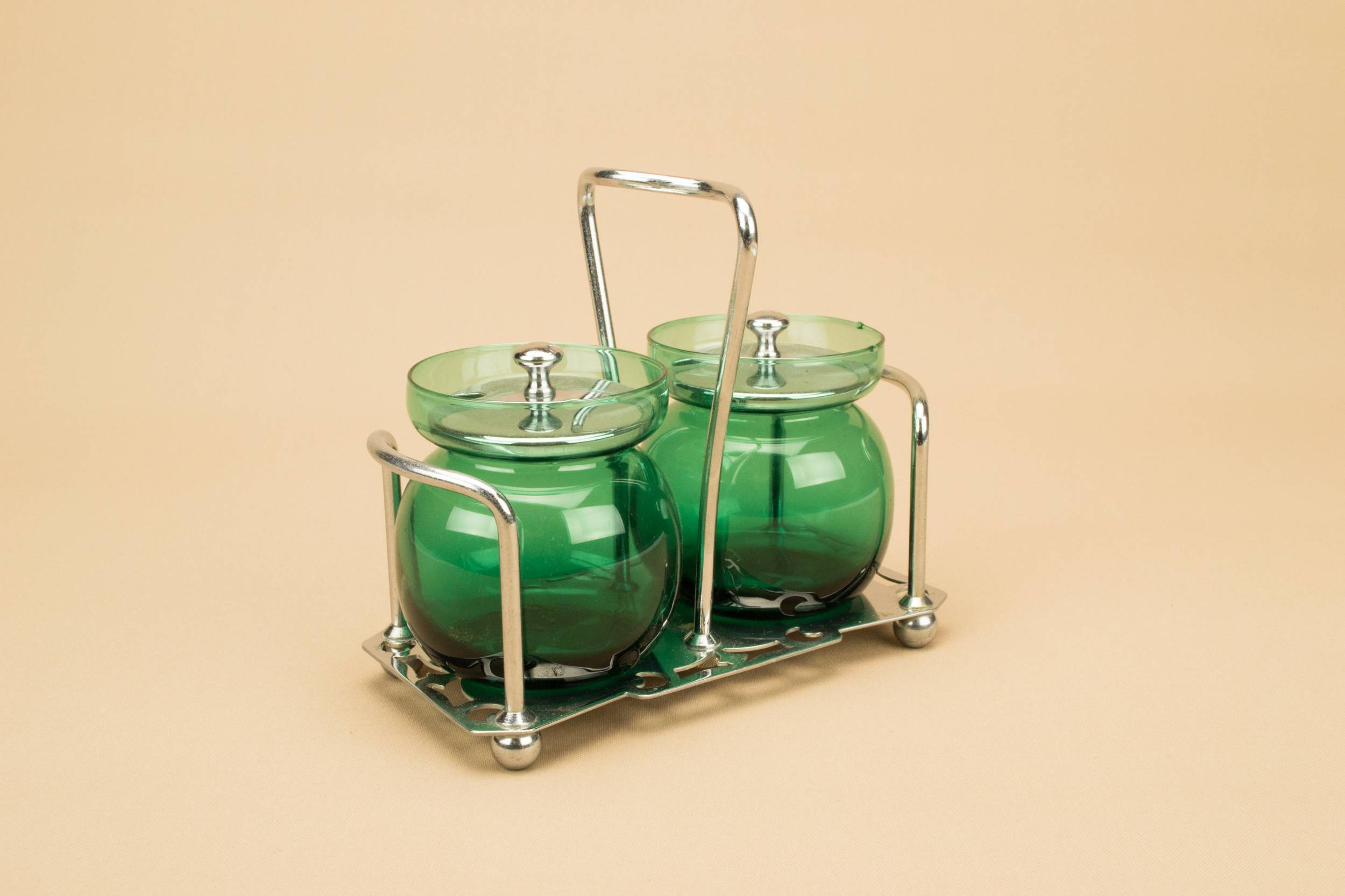 Glass Metal Vintage — Green glass condiments