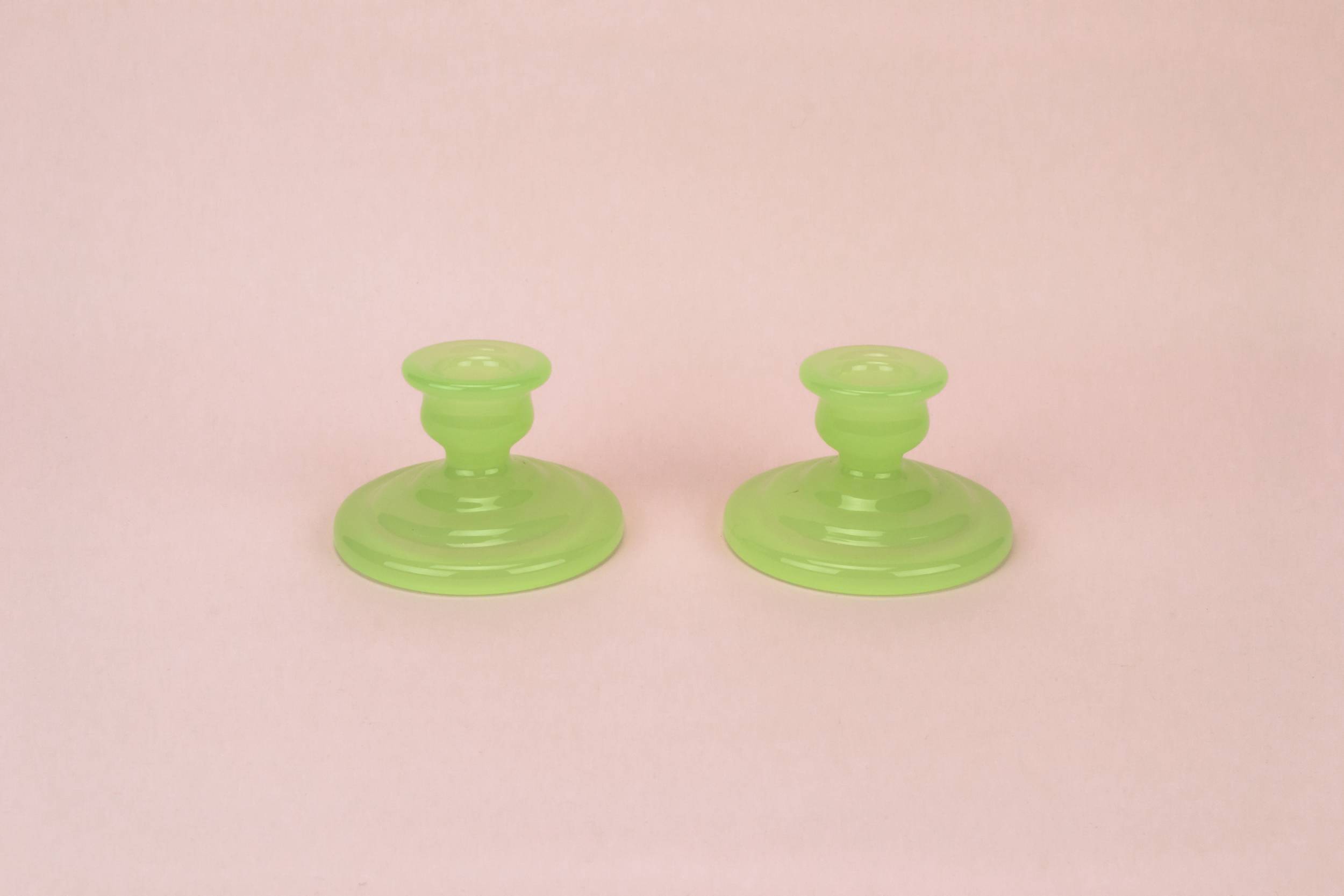 Vintage Glass CANDLESTICKS — 2 green glass candlesticks