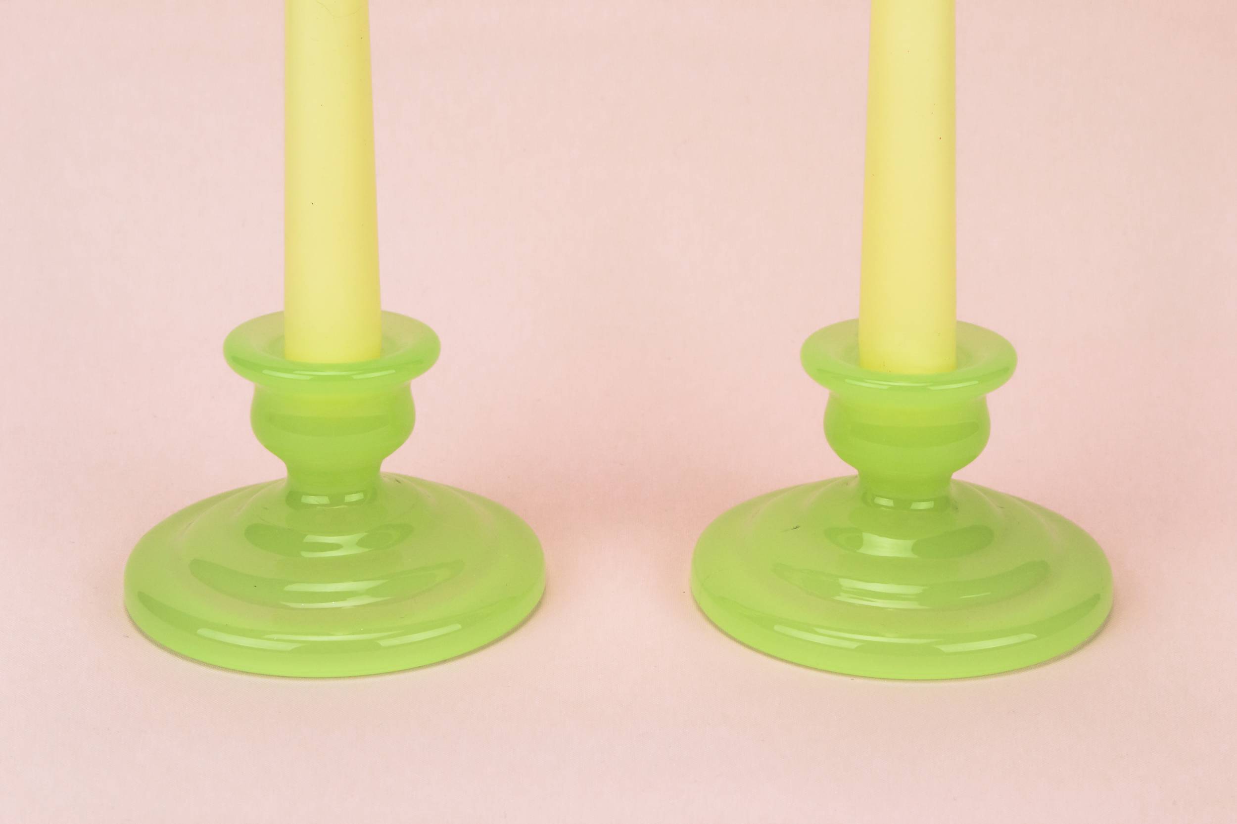 Vintage Glass CANDLESTICKS — 2 green glass candlesticks 2