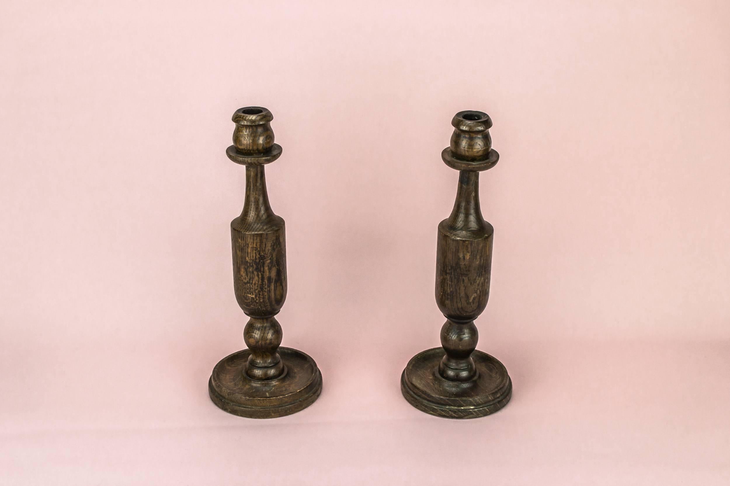 Imposing Vintage Minimalist — 2 oak baluster candlesticks