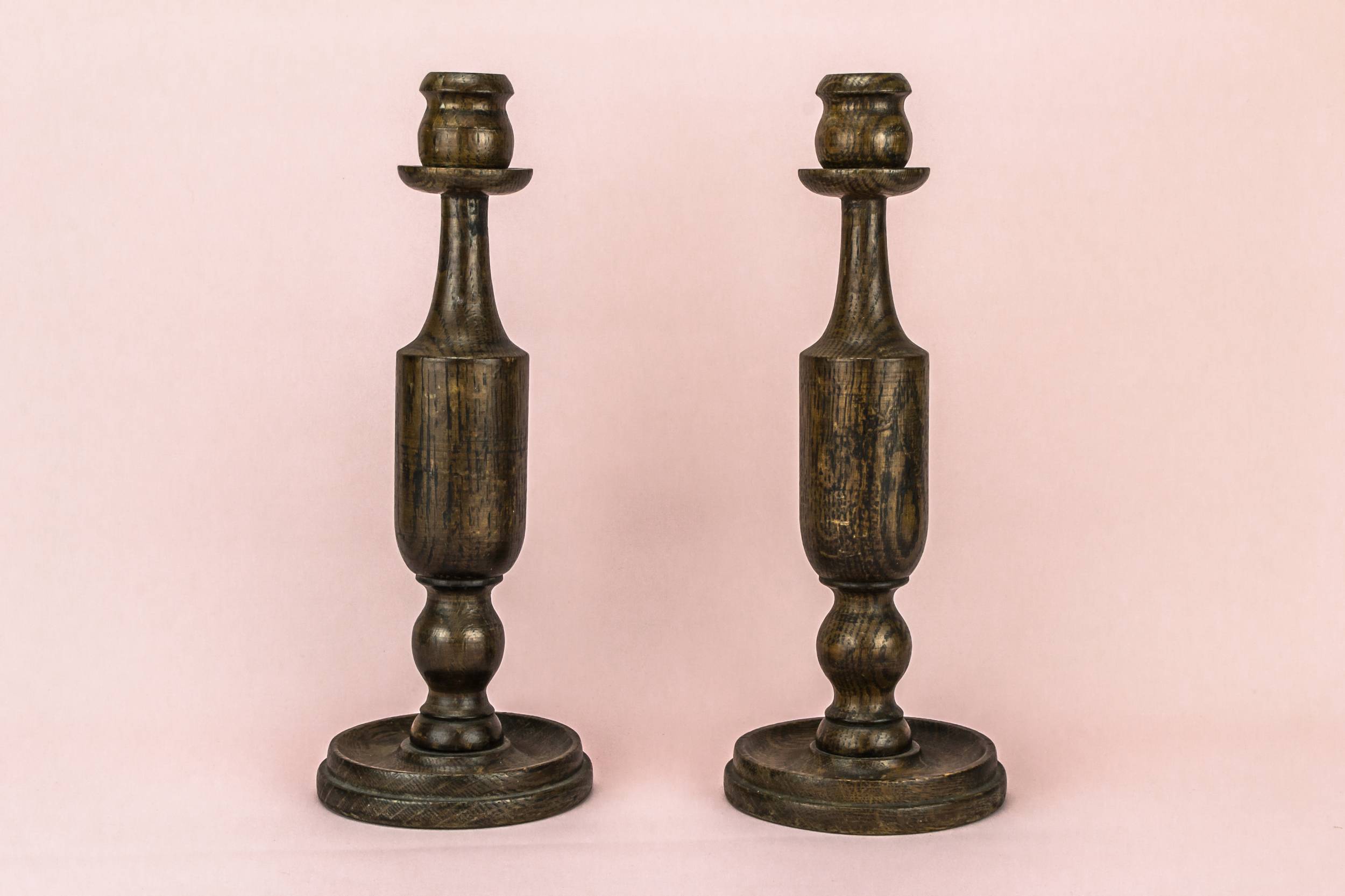Imposing Vintage Minimalist — 2 oak baluster candlesticks 1