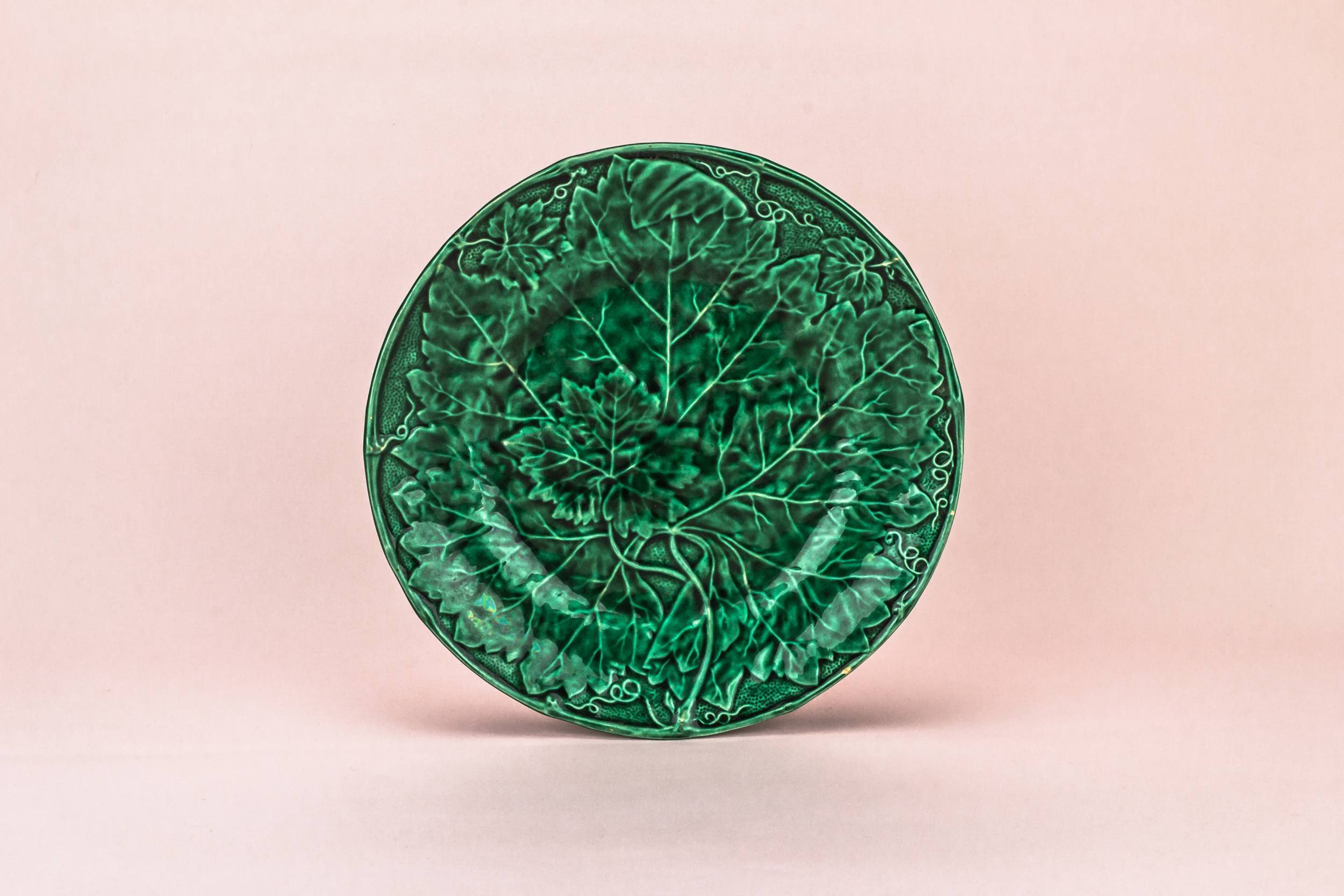 Green Majolica Moulded — Green majolica floral plate