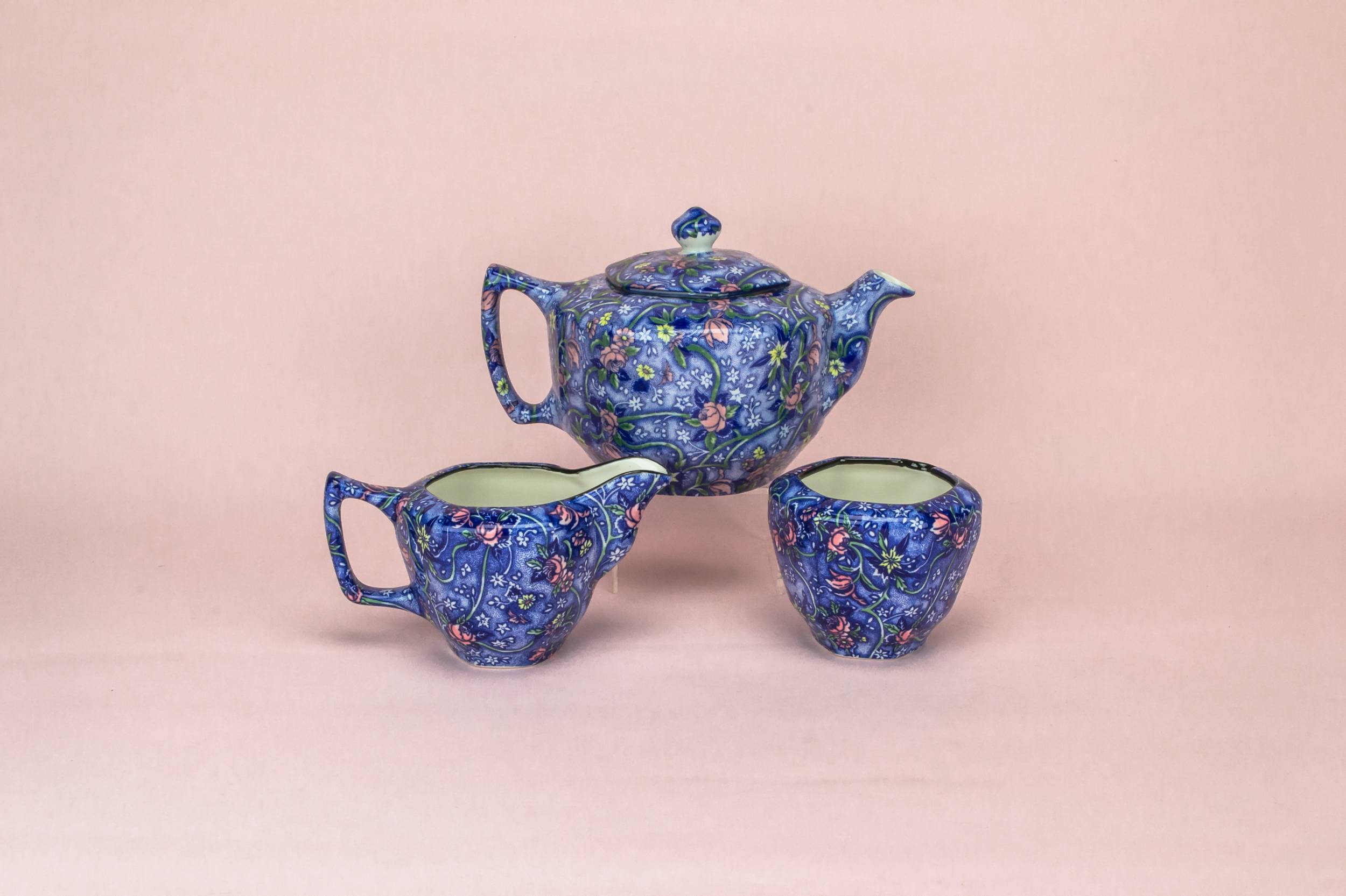 Retro Porcelain Chintz — Tea set in blue white & pink